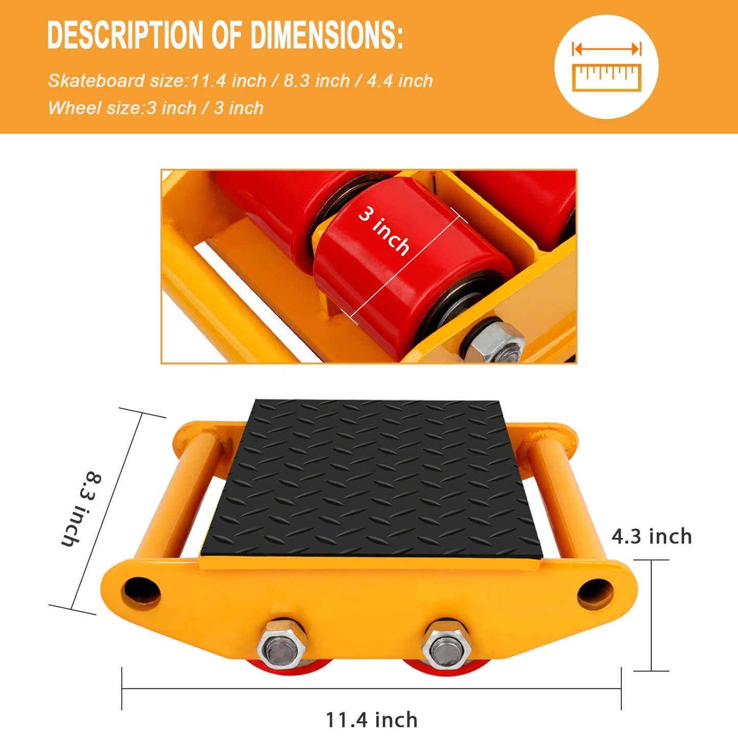 Machinery Mover 6T 13200LB Capacity Machinery Skate 4 Wheels Dolly Skate Roller with Non Slip Cap for Warehouse Workshop Factory, Yellow