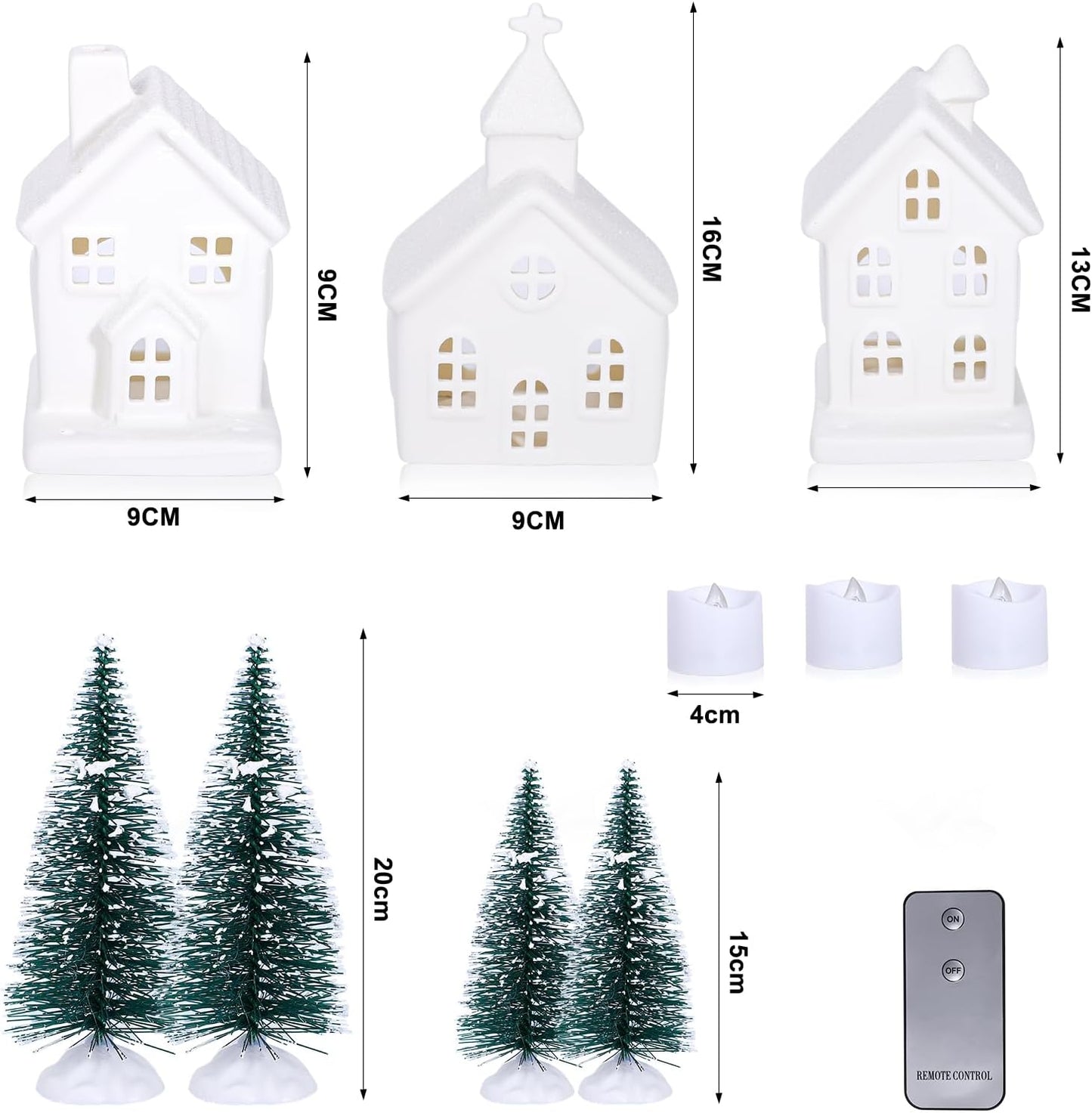 Skiennix 7PCS Christmas Village Set - LED Lighted Ceramic Houses & Decorative Trees | Remote Control Candles