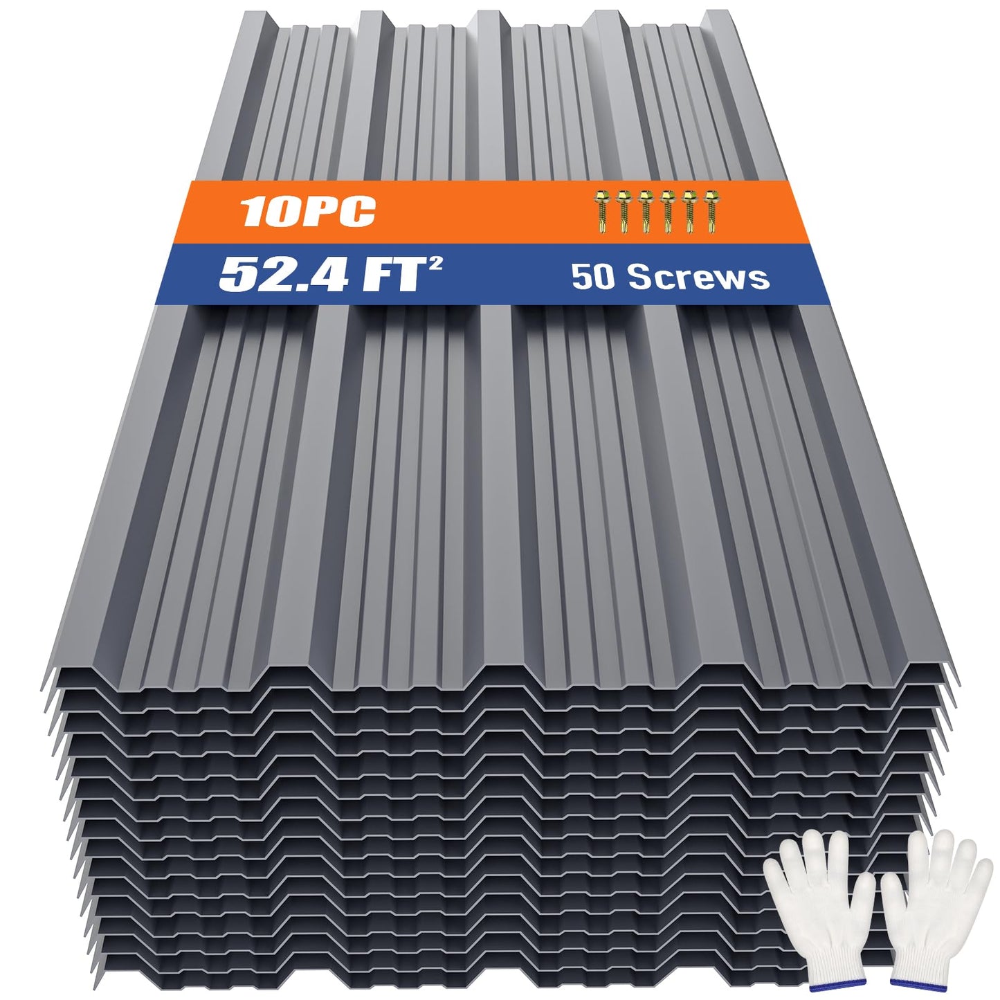 Brakki Metal Roofing Panels 10pcs 52.4 ft², Grey Corrugated Galvanized Steel Roof Panels with Screw, Heavy Duty Metal Siding Suitable for Garages Chicken Coop Sheds Stables Patio