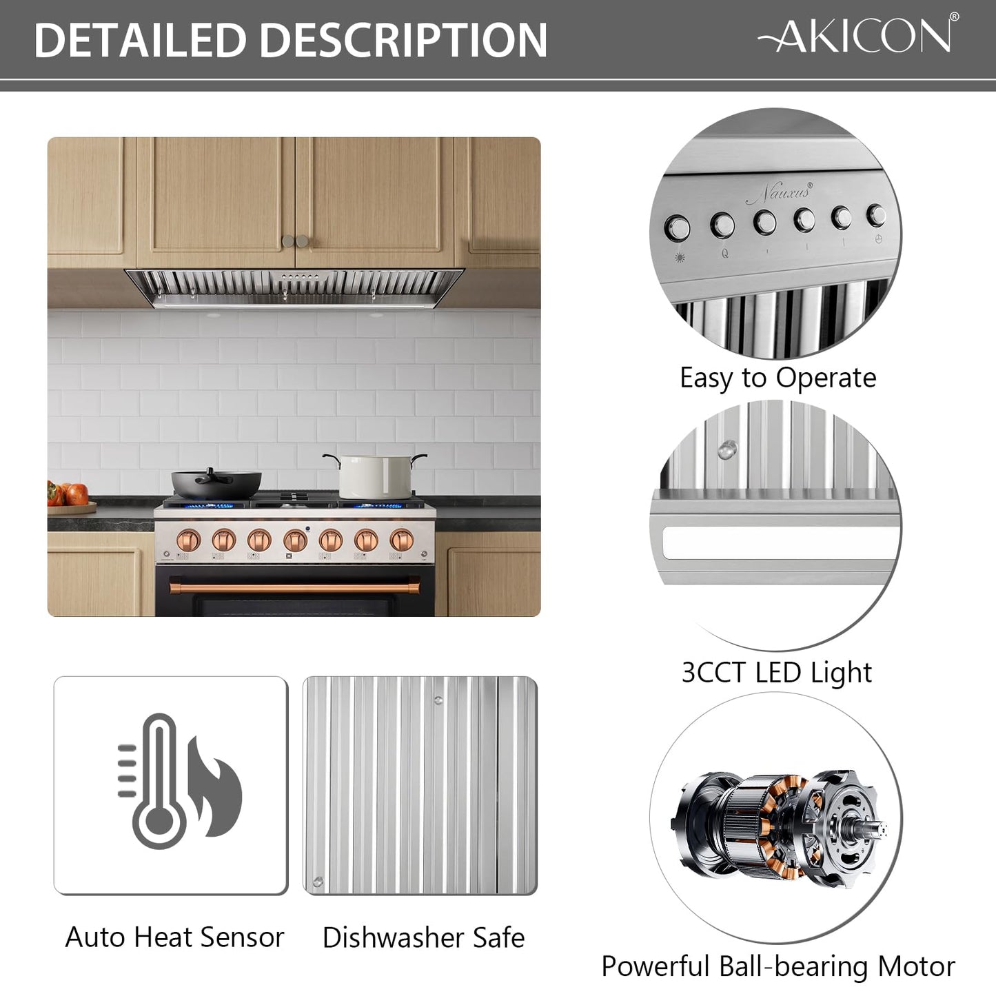 Akicon 42 Inch Range Hood Insert with Heater Sensor, 1200 CFM Ultra-Quiet Stainless Steel Ducted Vent Hood Insert with 4 Speed Fan, Dimmable LED Lights and Dishwasher Safe Filters