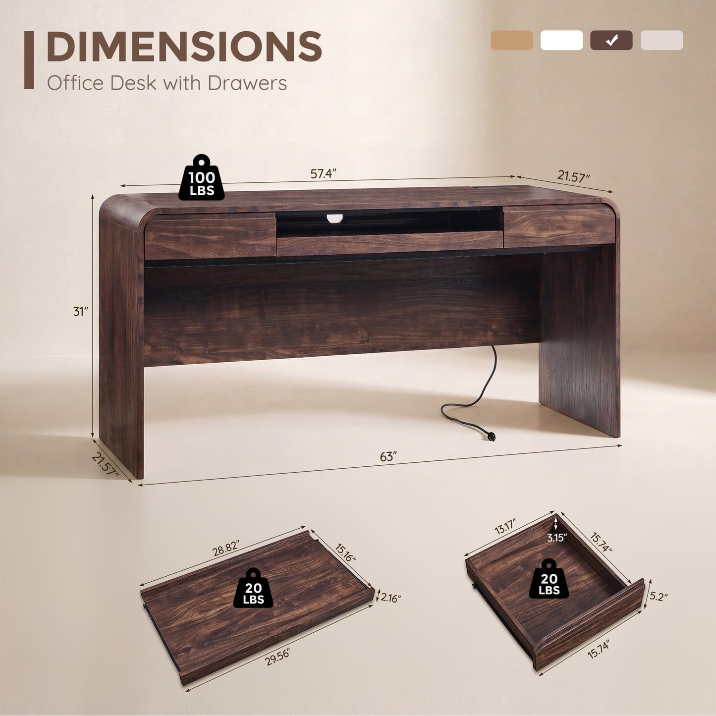 ALLTUFO 63" Modern Computer Desk with 2 Drawers, Wood Curved Executive Desk with Keyboard Tray & Power Outlet, Writing Desks with Storage for Home Office, Study Room, Living Room (Brown)