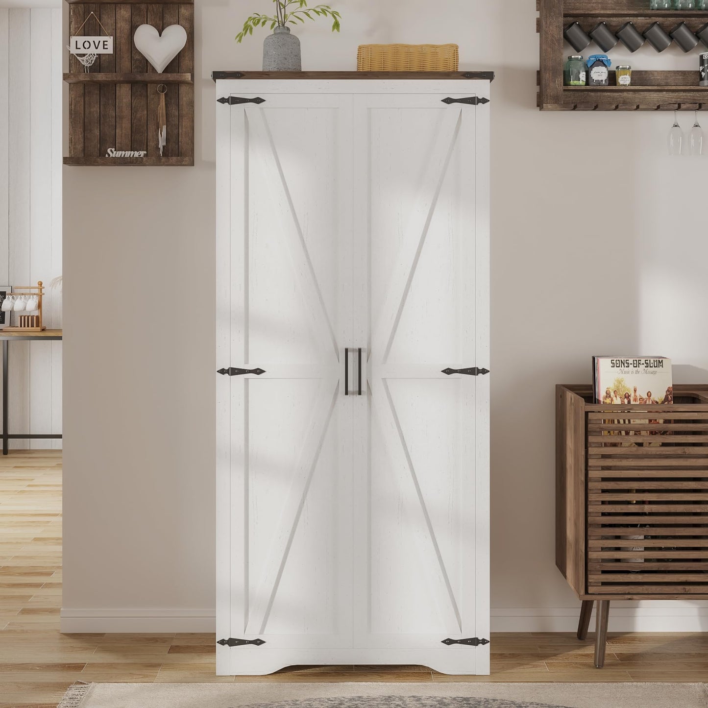 Befrases Farmhouse Storage Cabinet with Adjustable Shelves, Large Pantry Organize with 2 Barn Doors, Freestanding Cabinet for Kitchen, Garage, Basement, Living, Utility Room, Off-White