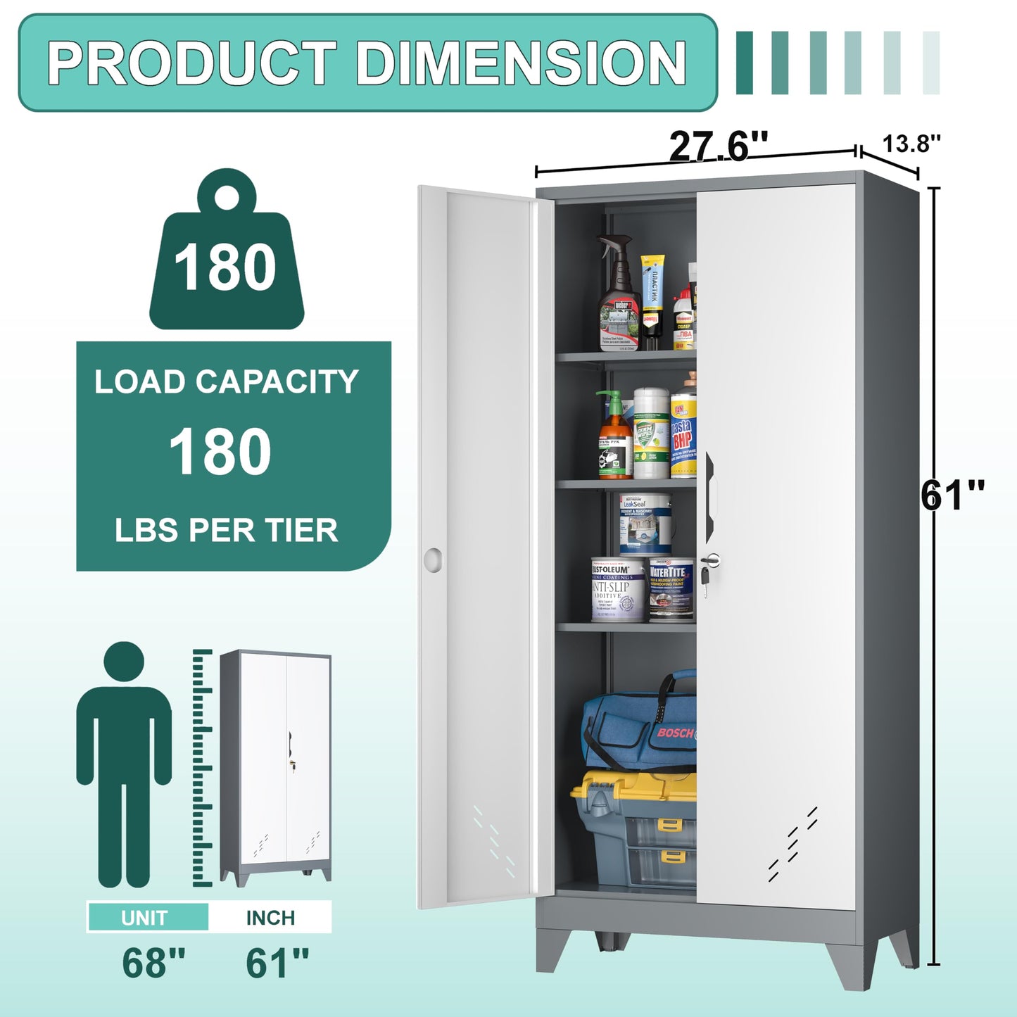 DUTYSEST Storage Cabinet 61" H, Locking Cabinet with Doors and Shelves, Metal Pantry Cabinets for Tool Organization,Gray White Cabinet with Removable Pegboard for Garage,Utility Room,Office