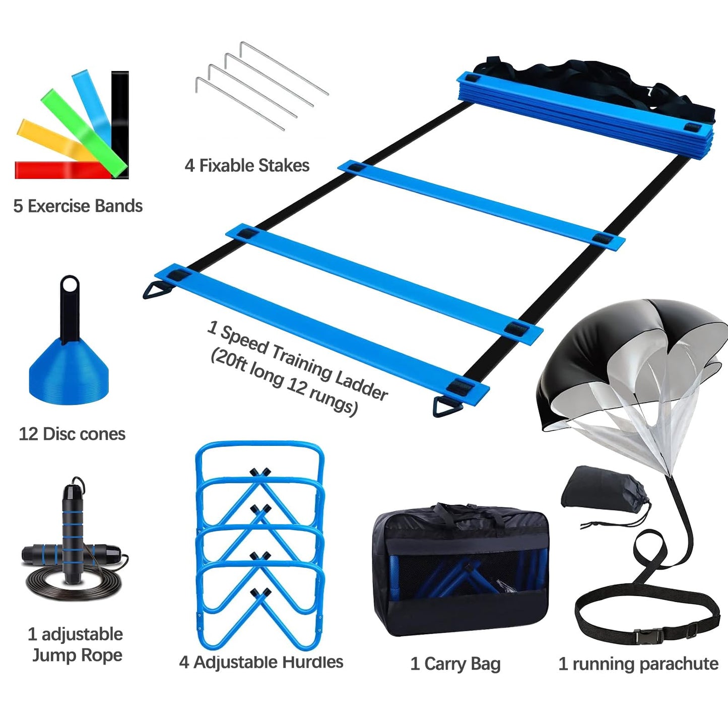 Haootadiy Agility Training Equipment, Football Training Equipment Includes 20FT Agility Ladder,4 Adjustable Agility Hurdles, 12 Football Cones, Parachute, for Training Soccer Basketball Athletes（Blue）