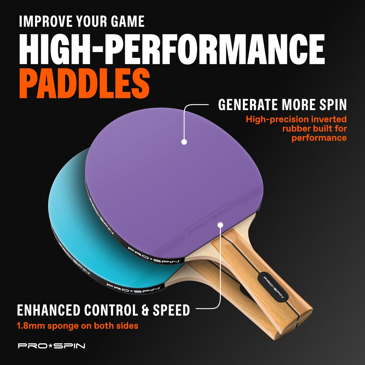 PRO-SPIN Ping Pong Paddles - High-Performance Set with Premium Table Tennis Rackets, 3-Star Ping Pong Balls, Storage Case | Professional Quality Ping Pong Paddle Set (Purple|Blue, 2-Player Set)