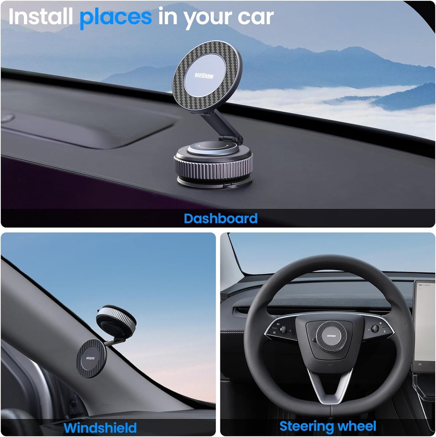 BEEGROW 360 17-12 Magnetic Car Phone Holder for Magsafe, Alloy Folding Cell Car Phone Mount with Ultra Stable Suction