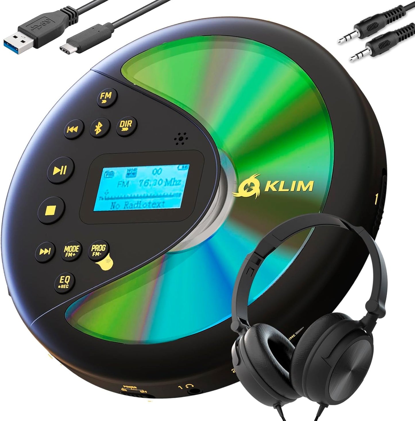 KLIM MP3 Discover with Headphones - Portable CD Player with Long-Lasting Battery - New - Radio FM - Compatible CD
