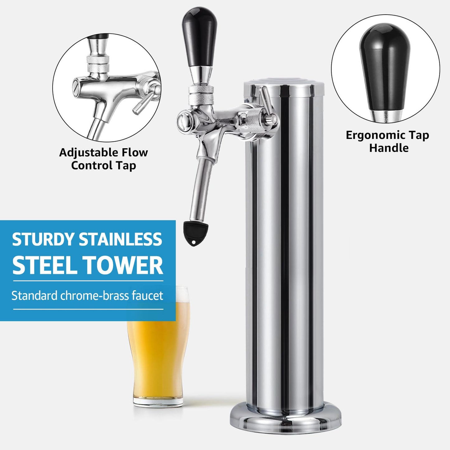 Adjustable Single Tap Tower Kegerator Tower, Draft Beer Tower Keg Tower with Kegerator Parts, Stainless Steel Core Pre-assembled Beer Line Beer Tower Dispenser for Homebrew