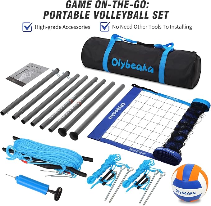 Outdoor Portable Volleyball Net Set for Backyard Beach with Adjustable Heavy Duty Poles, Durable Net, PU Volleyball & Pump, Carry Bag