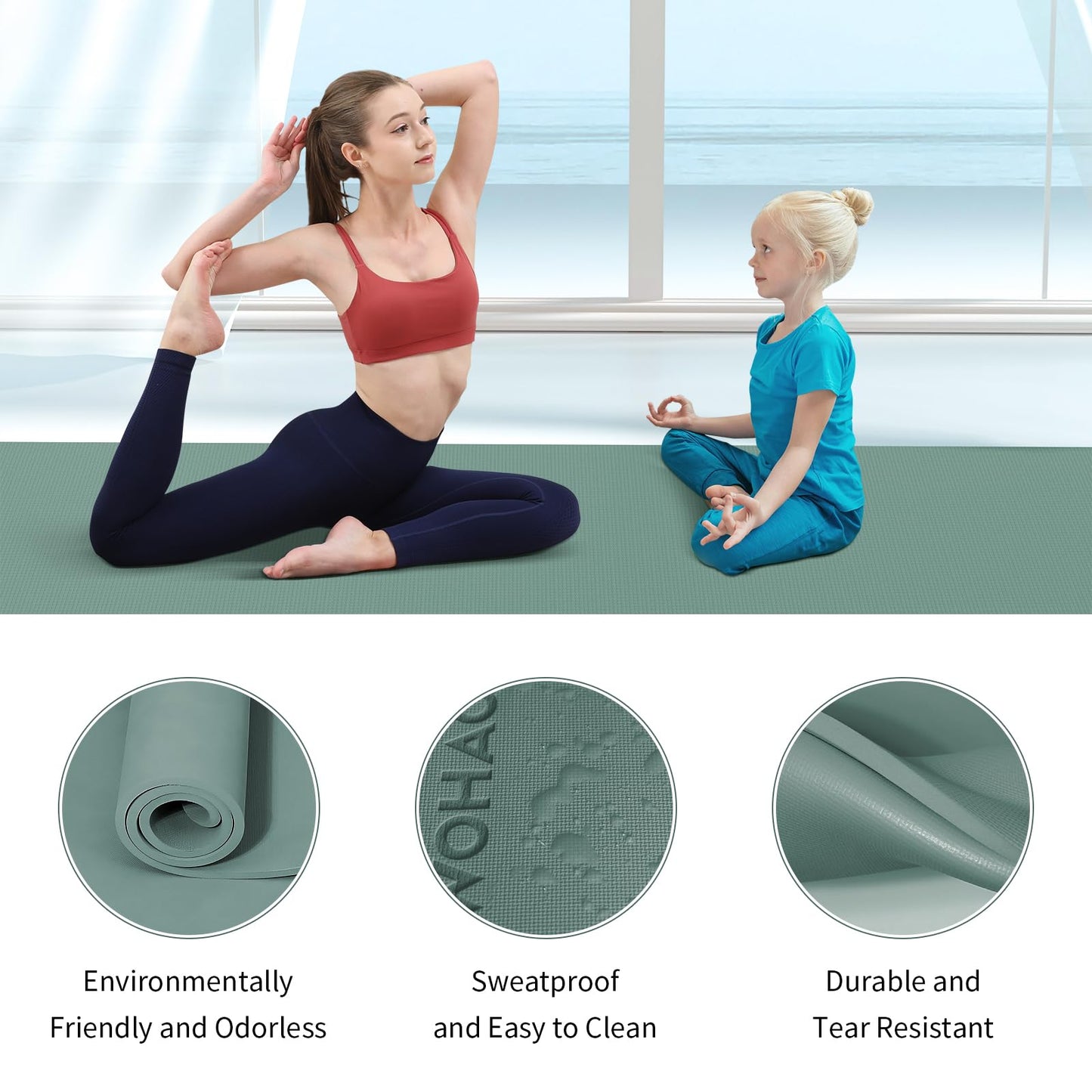WOHAO 8mm Thick Non-Slip Yoga Mat - Large 72"x32", Eco-Friendly & Odorless with Carrying Strap, Extra Wide & Durable for Yoga, Pilates & Home Gym (Dark Green)
