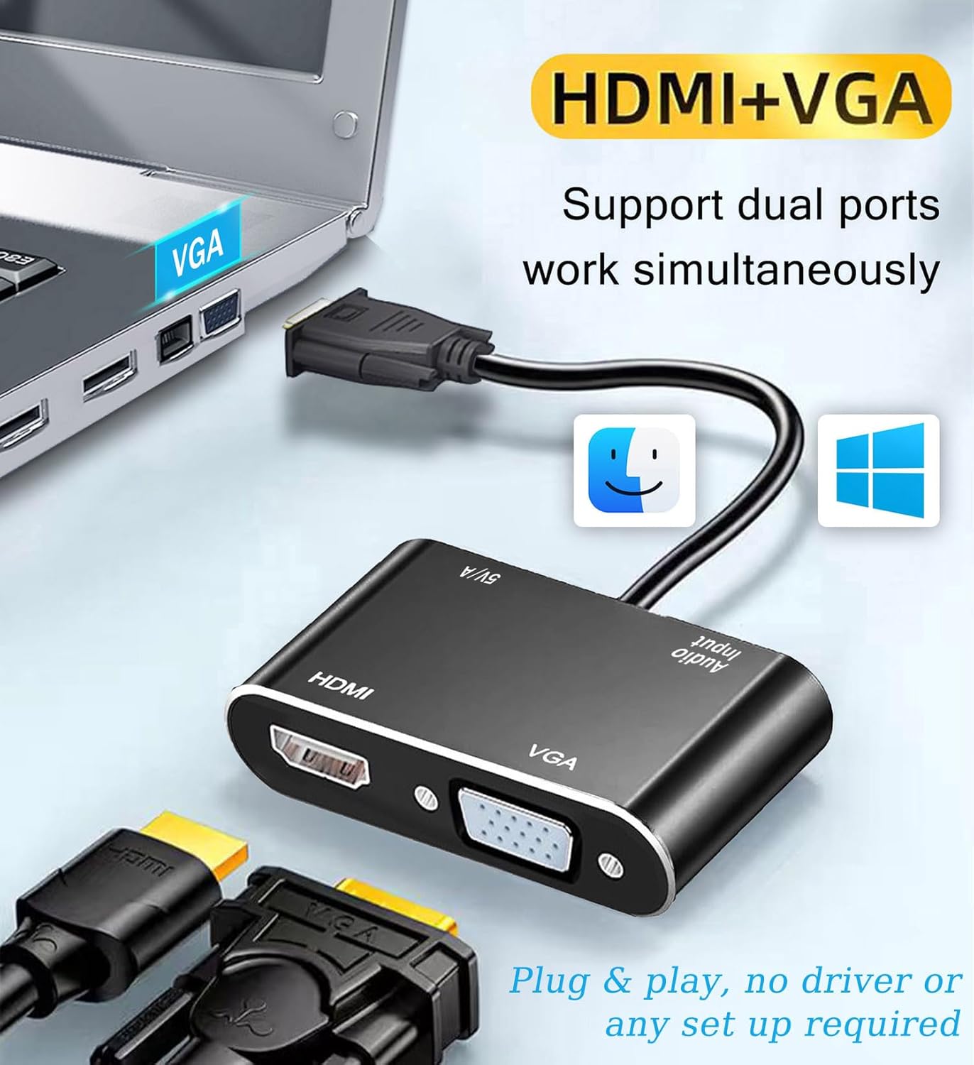 AKWOR 2 1,1080P@60HZ VGA to HDMI+VGA Adapter for Dual Monitors, VGA to HDMI Adapter Splitter in Full HD Display Video