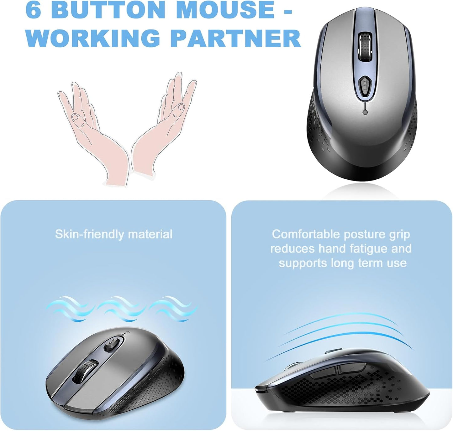 cimetech 2.4G 3 Wireless Mouse, Silent Computer Mice Cordless with Adjustable DPI,Ergonomic Mouse for Laptops