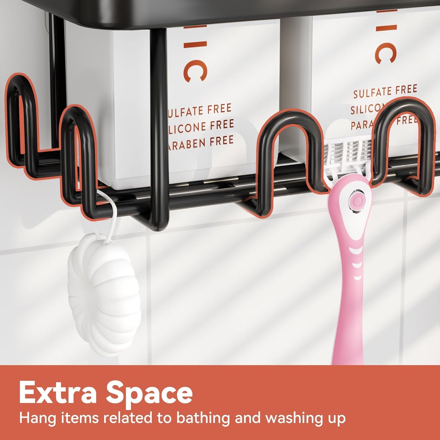 YASONIC Adhesive Shower Caddy - Rustproof 2-Pack Black Shower Shelves with Soap & Toothbrush Holder