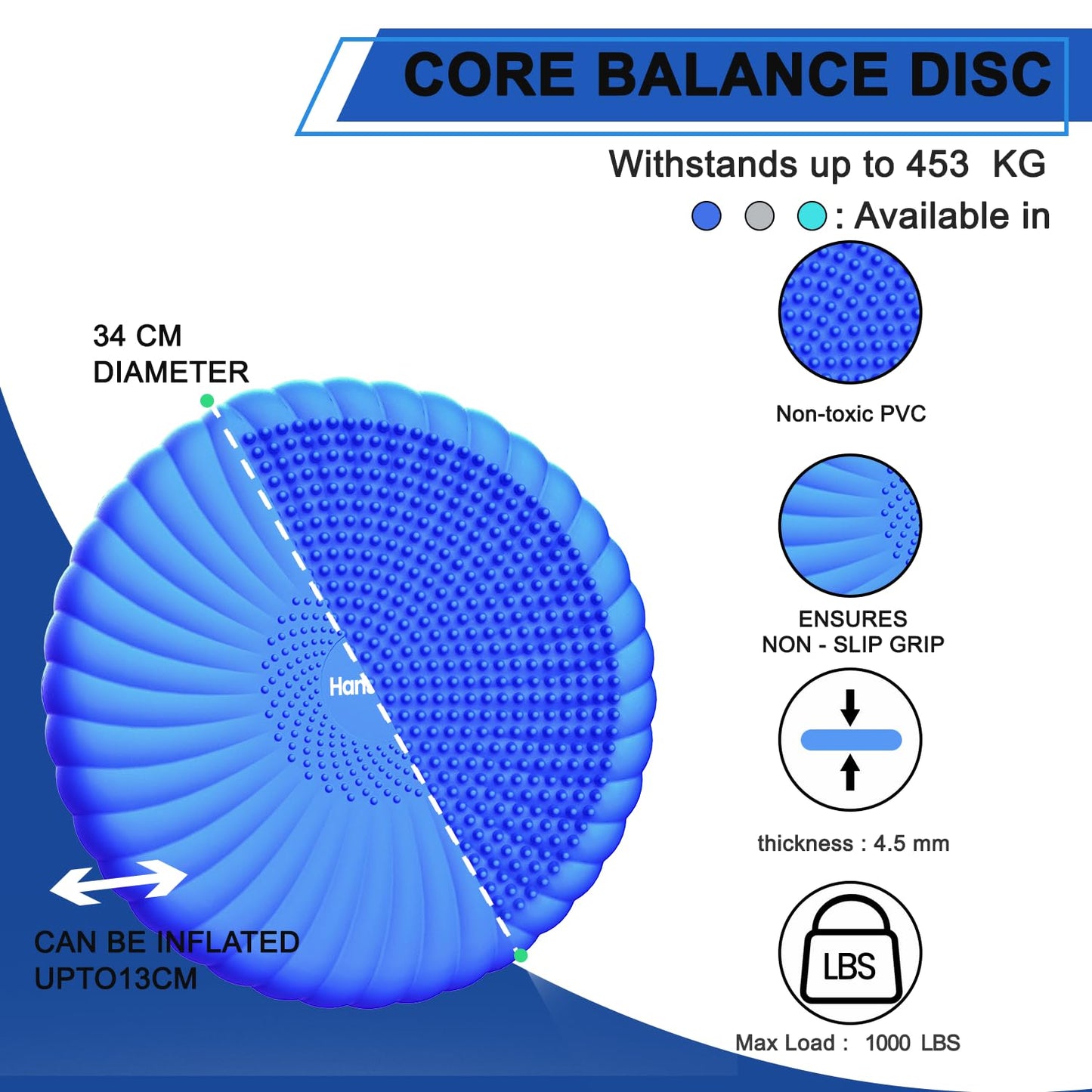 Hanstuten Wobble Cushion Core Balance Disc, Wiggle Seat for Sensory Kids to Stay Focused, Non-slip Balance Pads with Inflation Pump for Physical Therapy & Core Strength (1Blue)