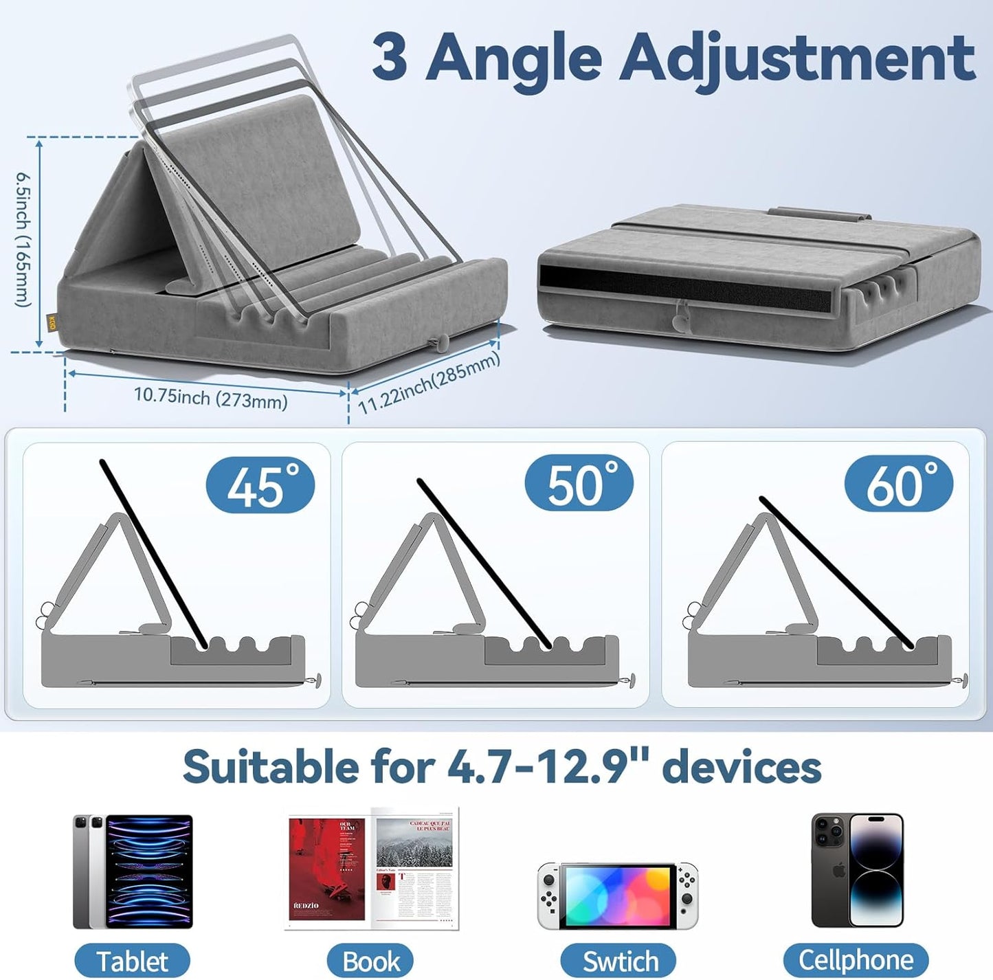 KDD 12.9, 10.5, 9.7 6 5 4 3, Tablet Pillow Holder, Foldable iPad Stand for Lap, Bed and Desk -Tablet Soft Pad Dock
