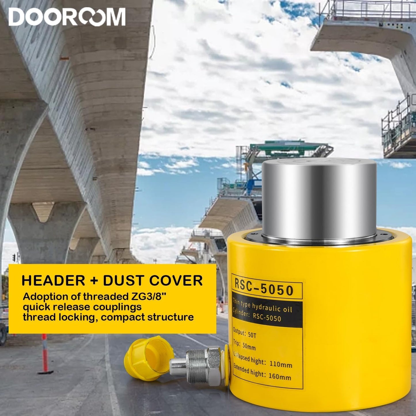DOOROOM 50 Ton Hydraulic Cylinder Jack, 2' Stroke Hydraulic Ram, Porta Power Automatic Retracting Jack with CP-700, Yellow