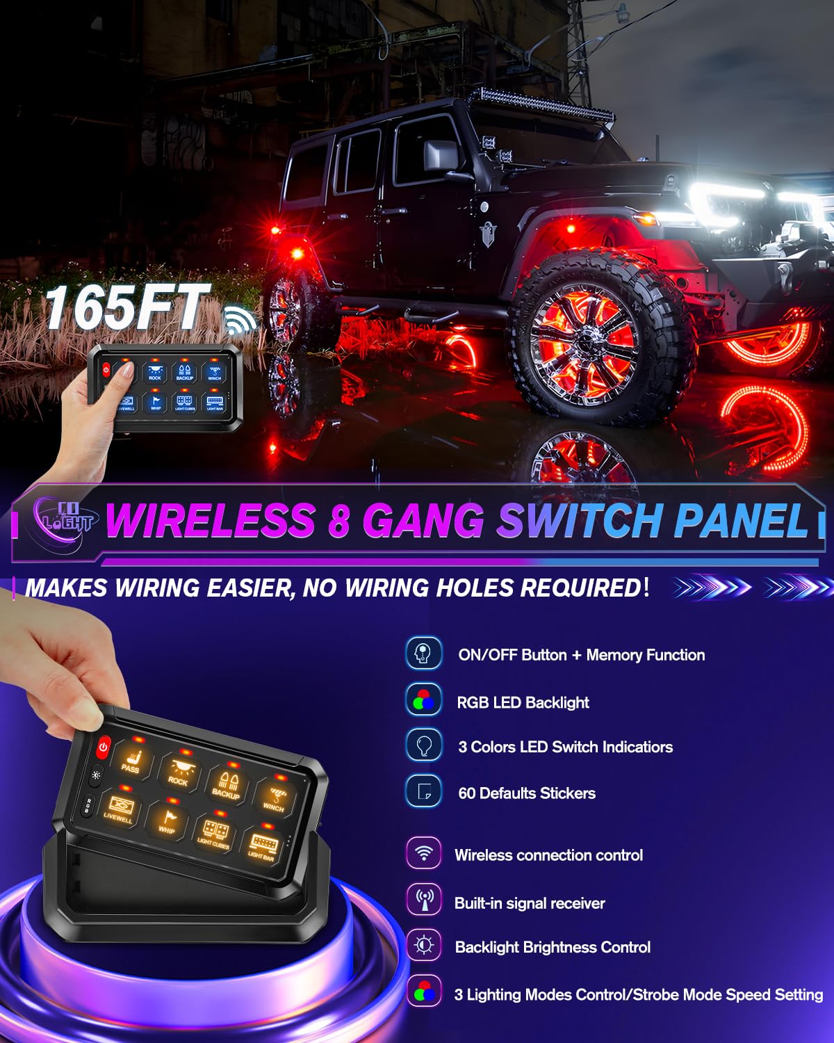 CO LIGHT 8 Gang Wireless Switch Panel Remote Control Range up to 165FT 5-Level Brightness Multifunction Built in Solid State Relay Switch Panel for Off-Road Truck SUV UTV RV