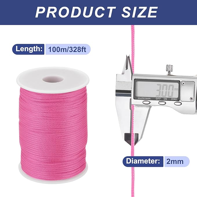MECCANIXITY 1/12 Inch Polypropylene Rope Braided Ropes, 328ft Nylon Rope Hollow Utility Cord for Clothesline, Camping, Hiking, Outdoor, Pink