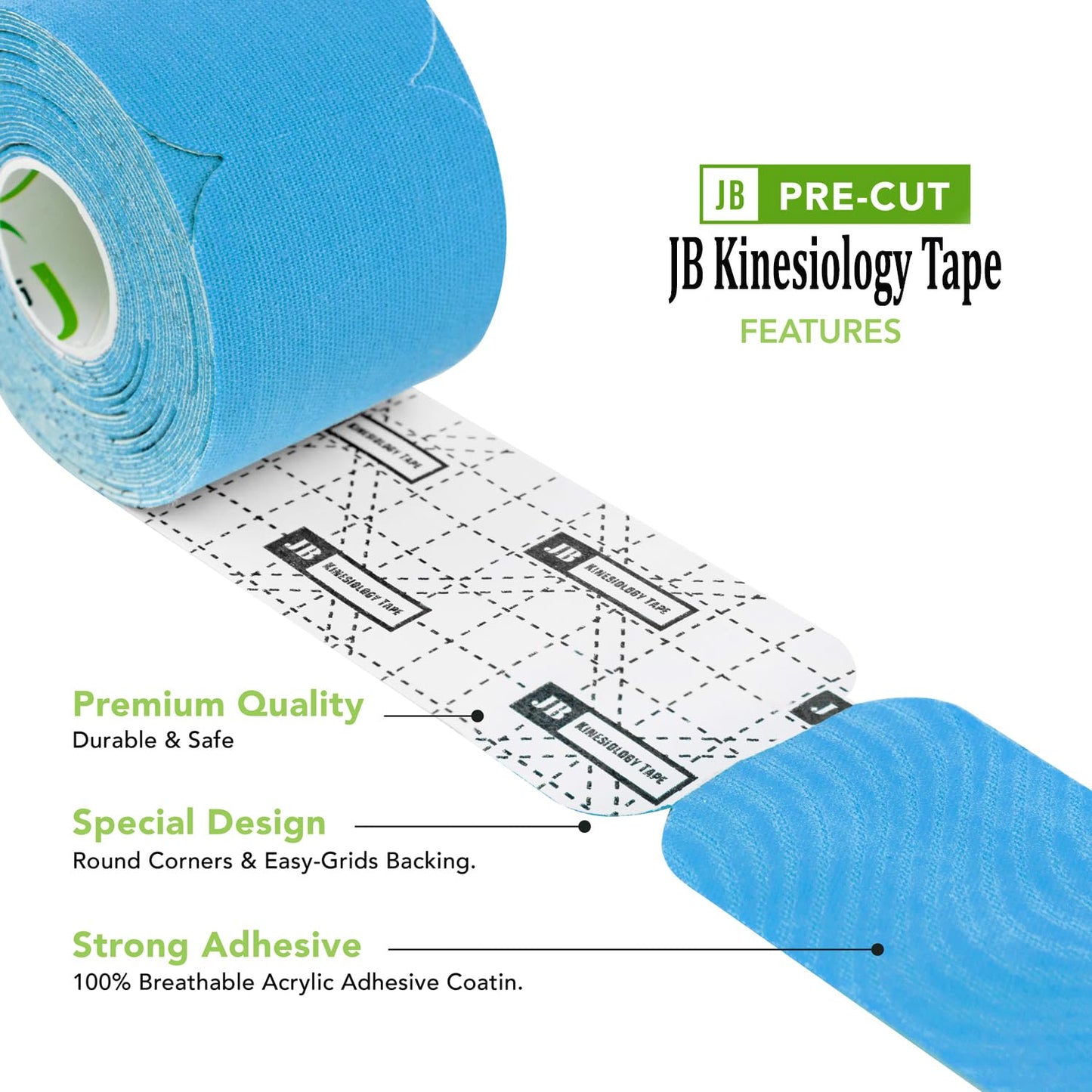 JB Tape Kinesiology Tape – 80 Precut 10-Inch Strips – Blue – Elastic, Latex-Free, Water Resistant – Athletic Muscle & Joint Support – 4 Rolls