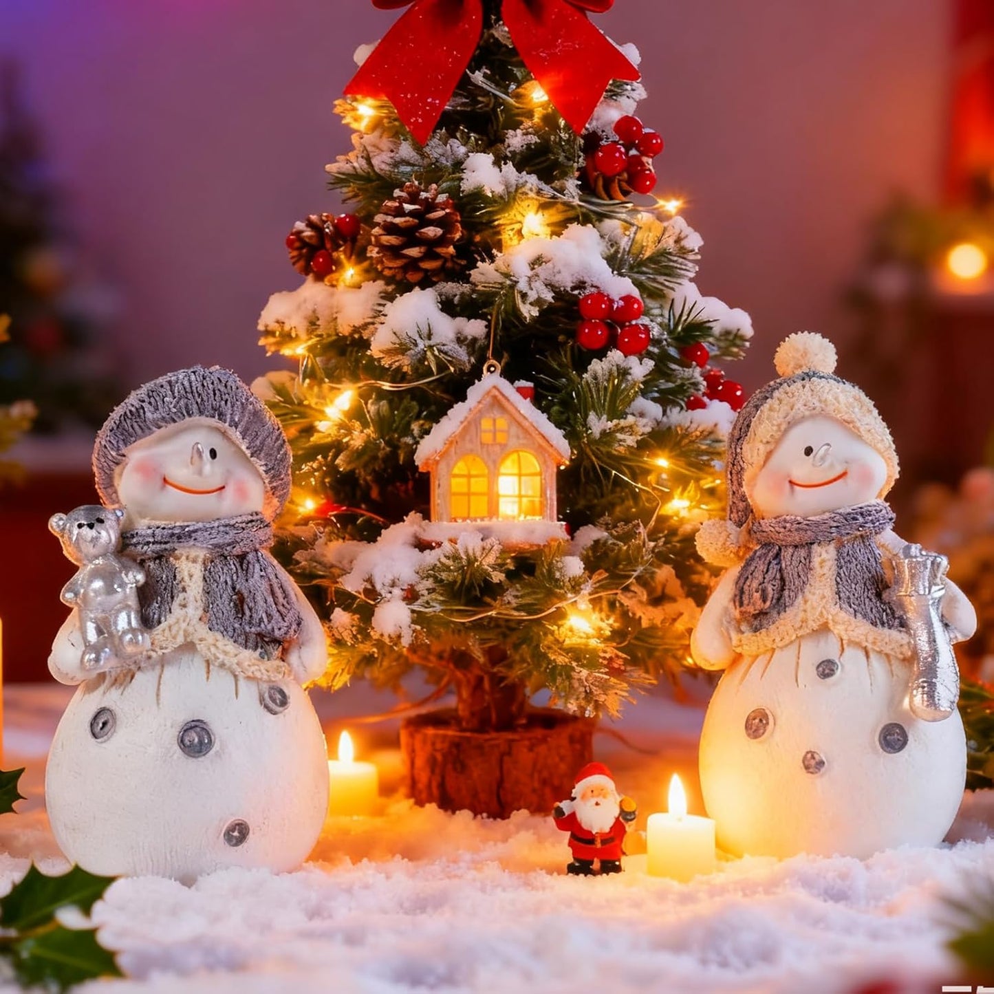 Skiennix 2-Piece Snowman Figurines - Charming Christmas Decorations for Winter Table Centerpieces