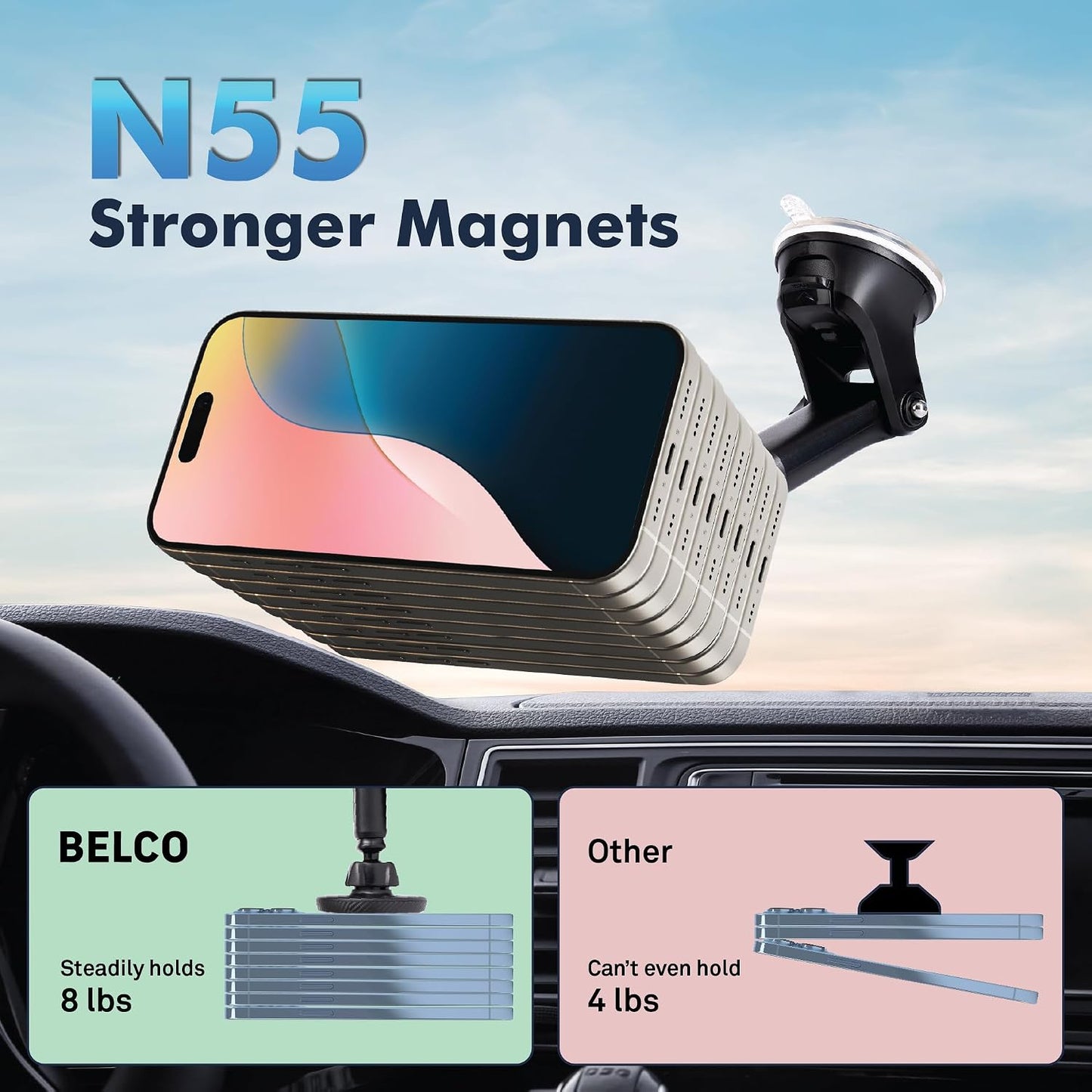 BELCO Magnetic Phone Holder for Car Suction Cup Phone Mount with Adjustable Rotating Arm and Lock Mechanism