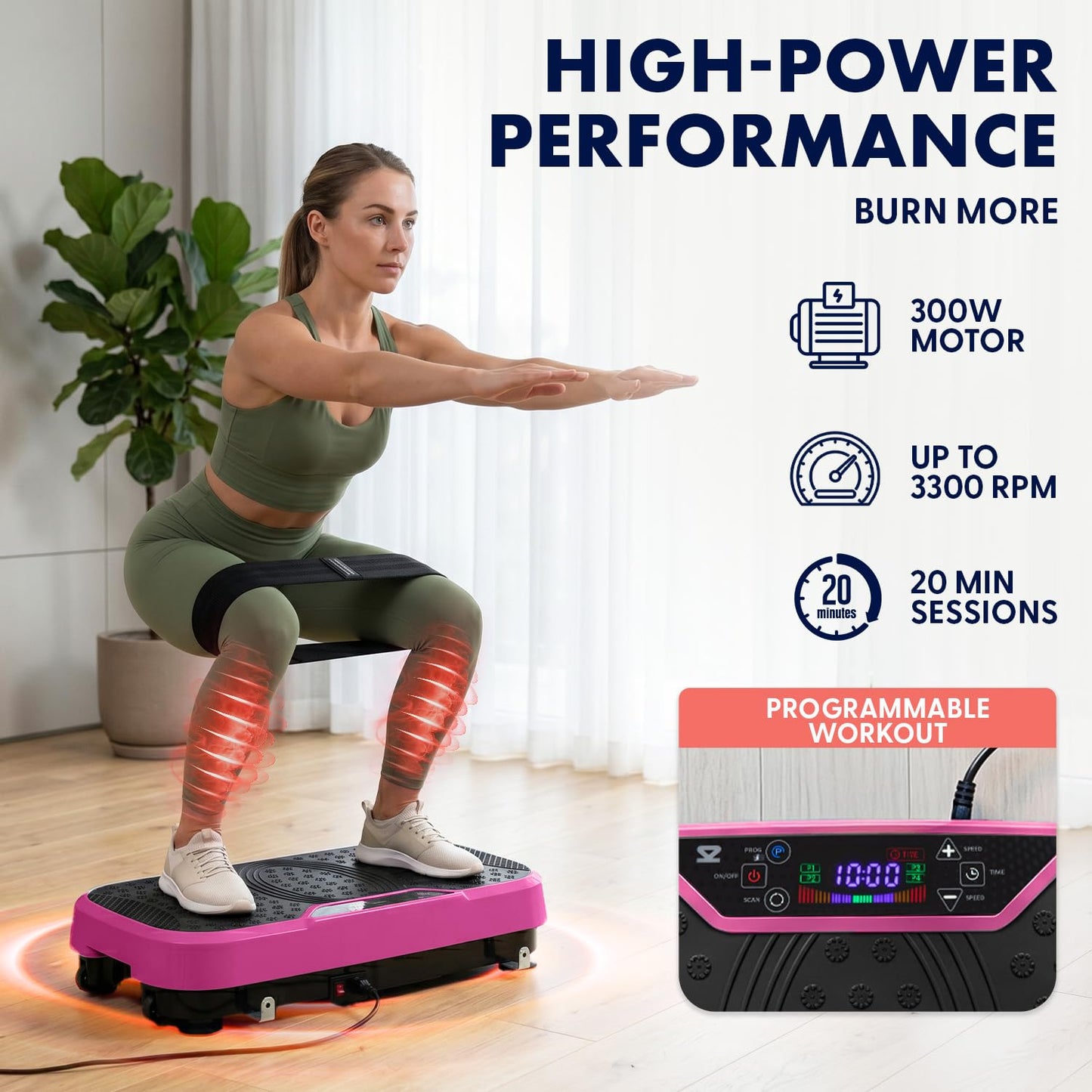SQUATZ Vibration Plate Exercise Machine, Vibration Plate with Handles and 1-99 Speed Levels, 10 Preset Programs, Quiet Low-Impact Home Fitness Platform with Remote Control, Portable Design, Pink