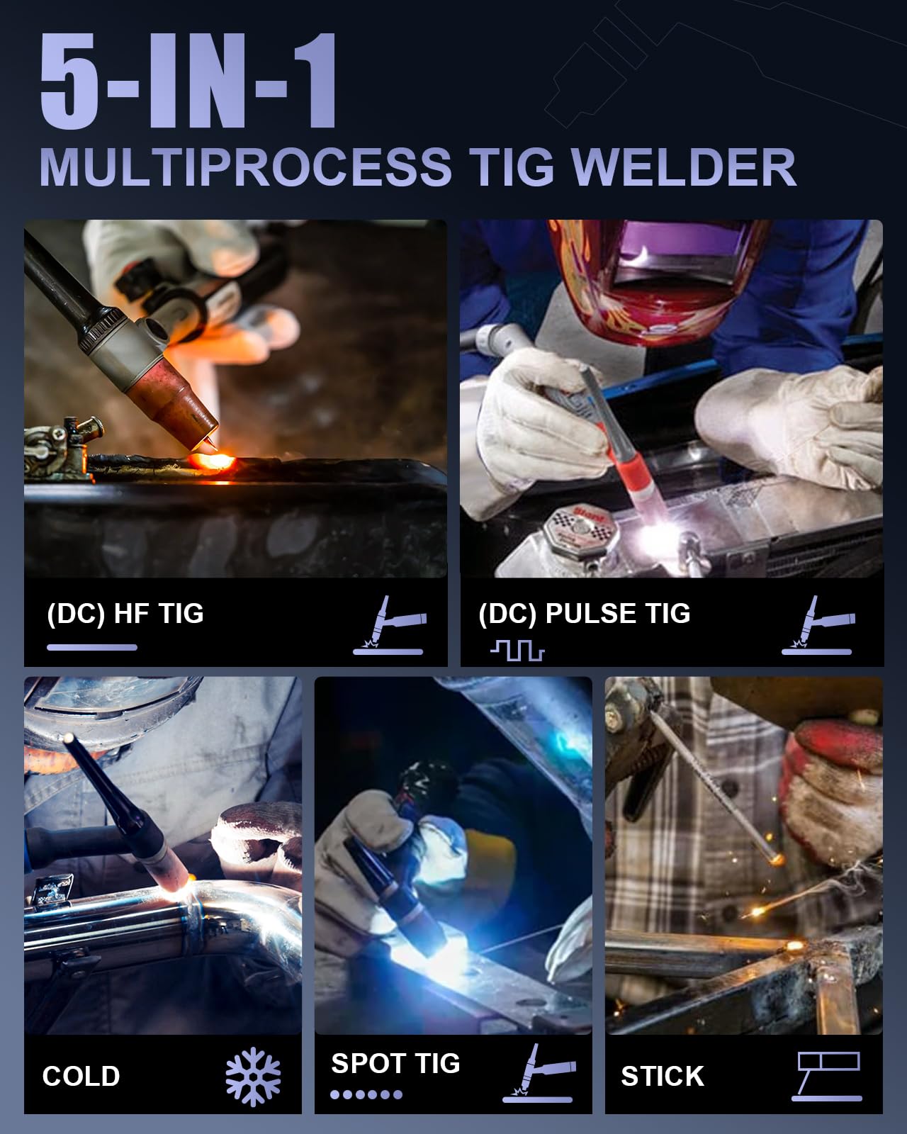AZZUNO Cold TIG Welder With Pulse 180Amp Large LED Display, 5-in-1 DC HF TIG/PULSE TIG/COLD/SPOT TIG/STICK, 110V&220V Dual Voltage TIG Welding Machine
