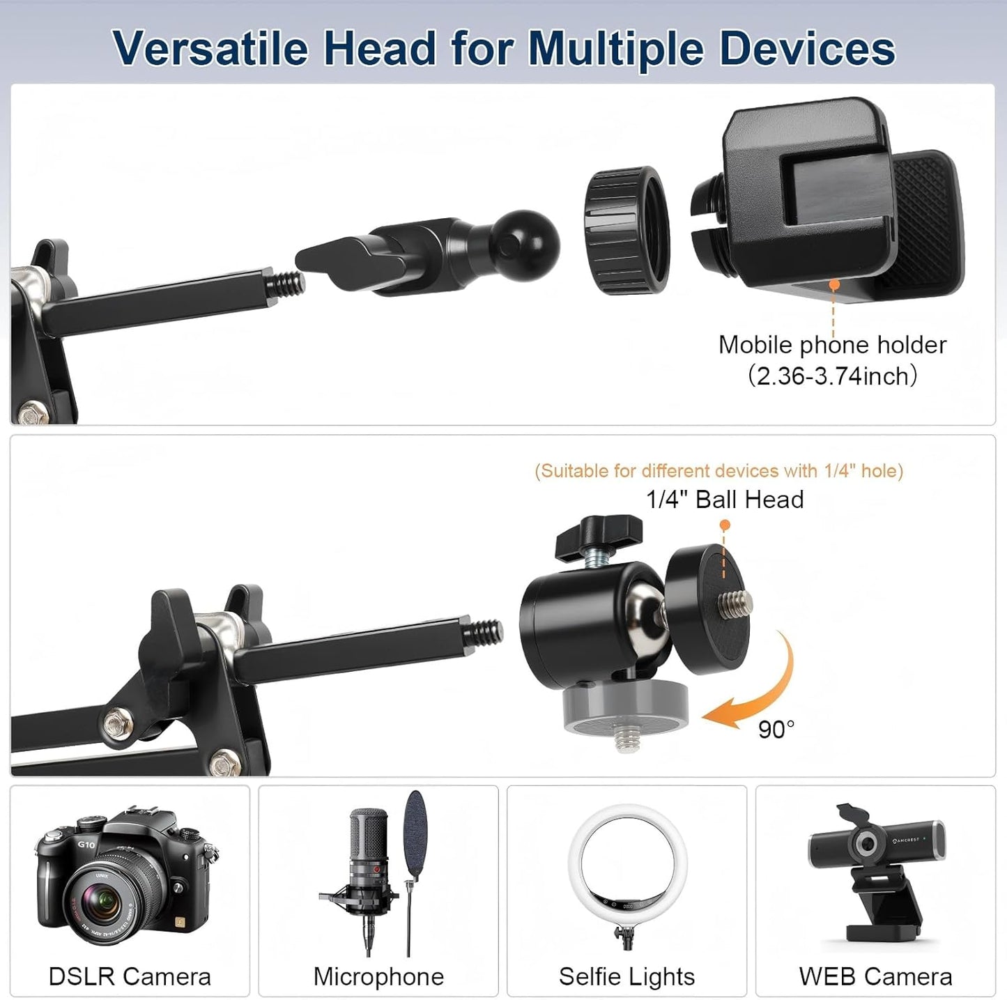 juttilax 360 5lb,Desk Overhead Camera Mount,Camera Desk Mount with Adjustable Arm and Phone Holder,Max Load-Bearing