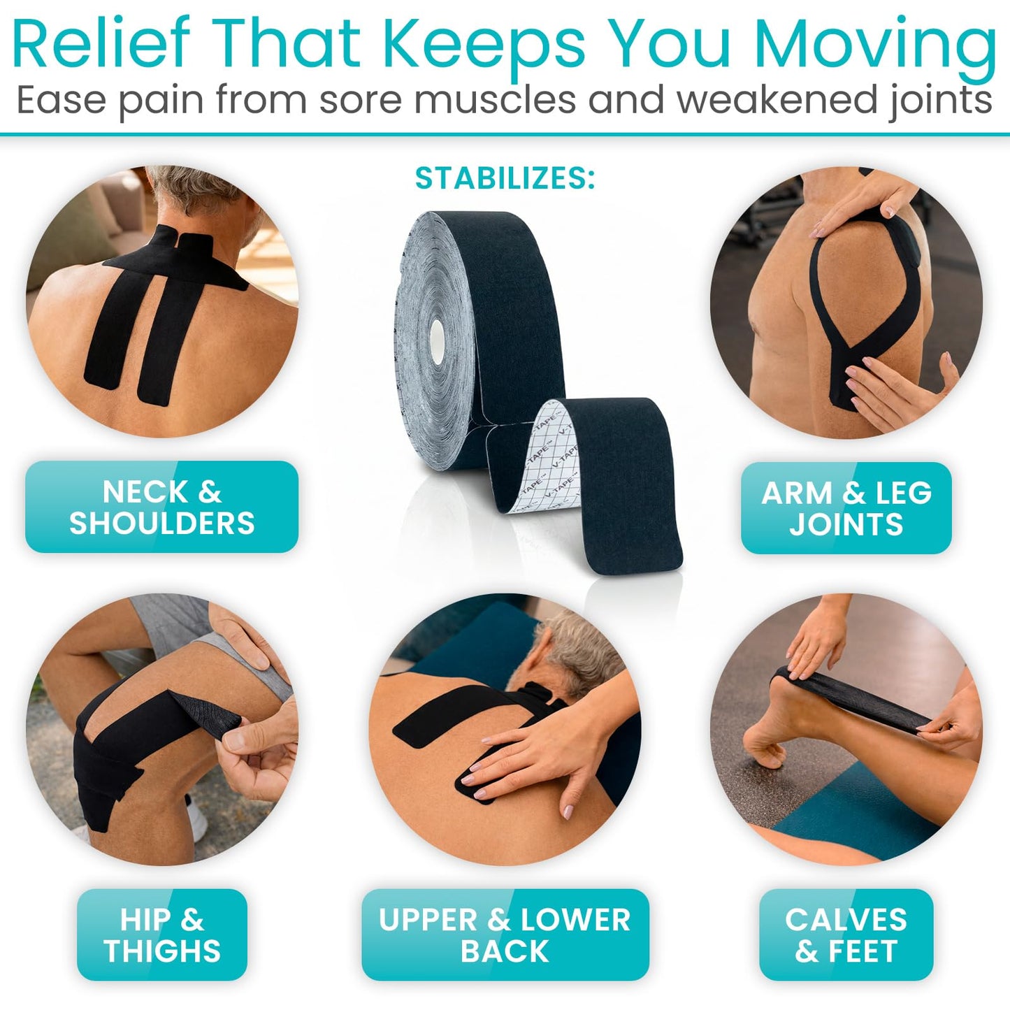 Vive K Tape Roll, Precut Strips (2" x 16 Feet) - Pro Kinesiology Tape - Athletic Sports Tape for Knee, Shoulder, Ankle & Muscle Pain Relief - Waterproof Kinetic Kinesio KTape Wrap