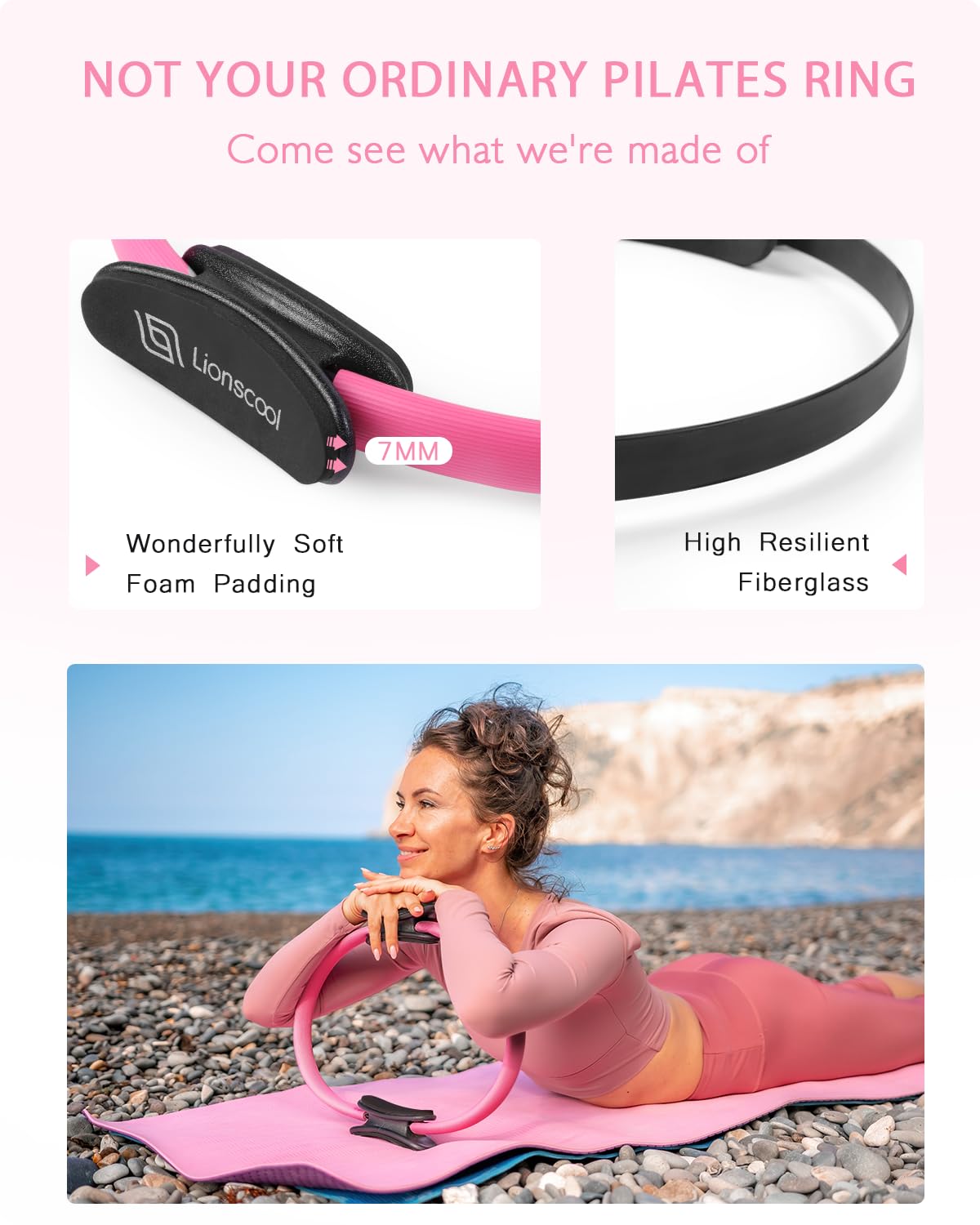 LIONSCOOL Pilates Ring Set (Pink) - 14" Anti-Deformation Magic Circle with Padded Handles, 9" Mini Ball, Elastic Latex Resistance Bands, Guide & Bag
