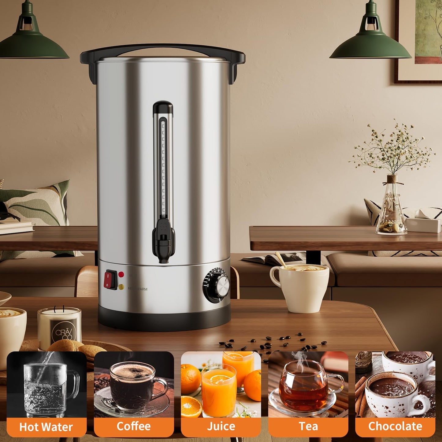 Sunvasagoo 110 Cups Double Wall Insulated Commercial Coffee Urn, 16L / 4.2 Gal Stainless Steel Hot Beverage Dispenser with Auto Temperature Control for Catering & Buffets, Silver