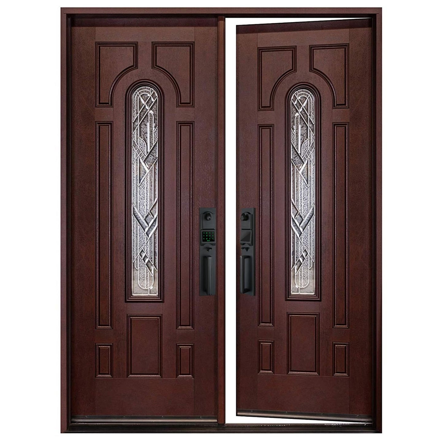 BGW Doors Mahogany Finish Fiberglass Double Front Entry Door with Brickmould and Decorative Glass, Prehung Pre-Finished Exterior Door, Right Hand Inswing, 36x36x80
