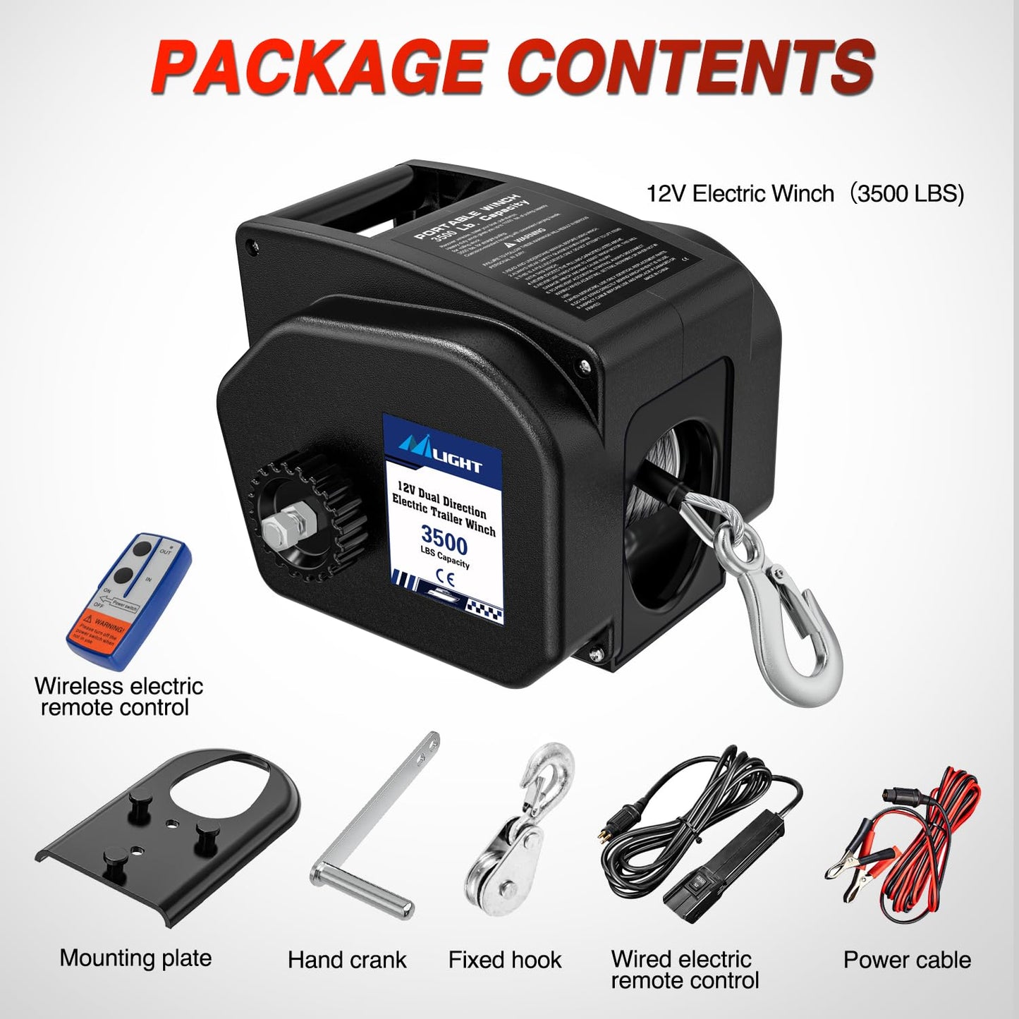 Nilight Boat Trailer Winch 3500 lbs Portable Electric Boat Winches 12 V DC Marine Winch with Remote Control and Hand Crank Power-in Freewheel Operation Waterproof Reversible Winch for Boat Trailer