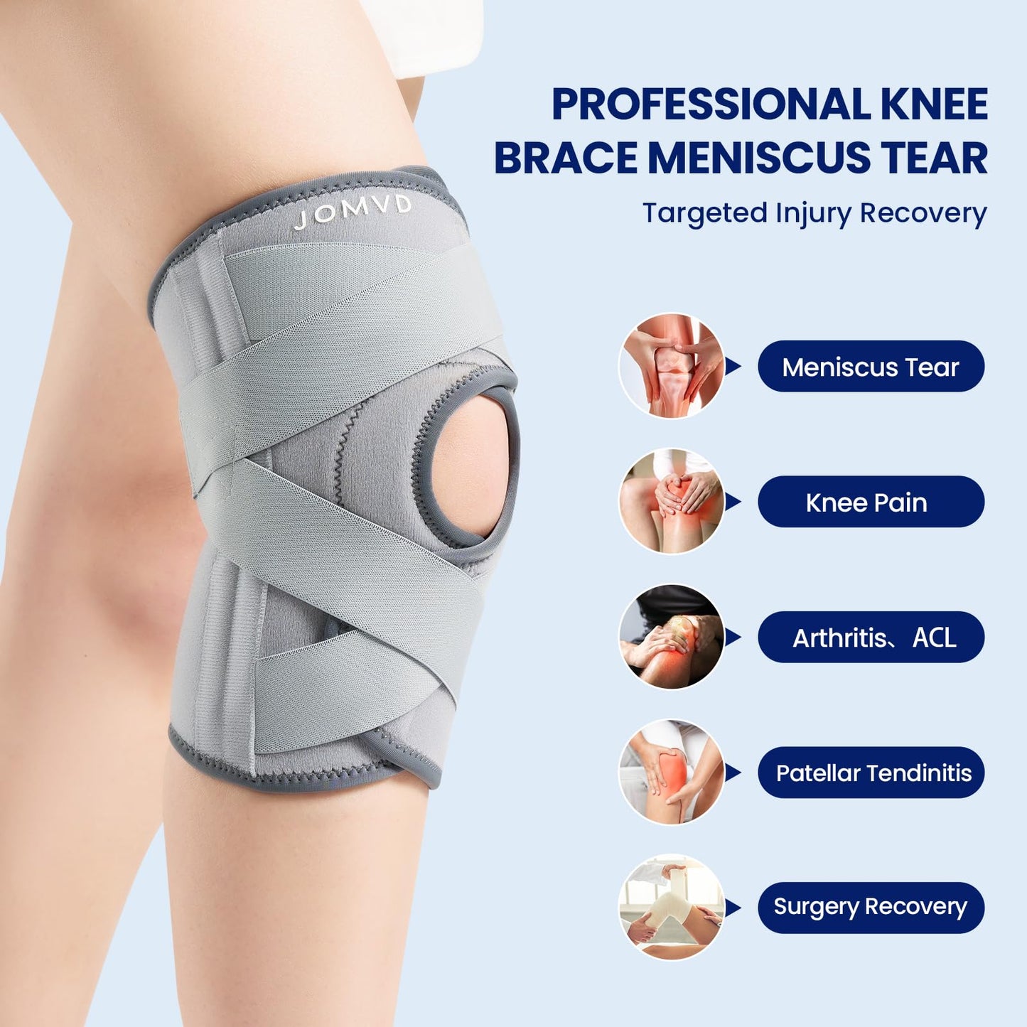 JOMVD Knee Brace for Knee Pain, Meniscus Tear, Adjustable Knee Support with Side Spring Stabilizers for ACL,Meniscus Tear, Arthritis, Patella Stability, Knee Pain Relief, Women and Men,Large