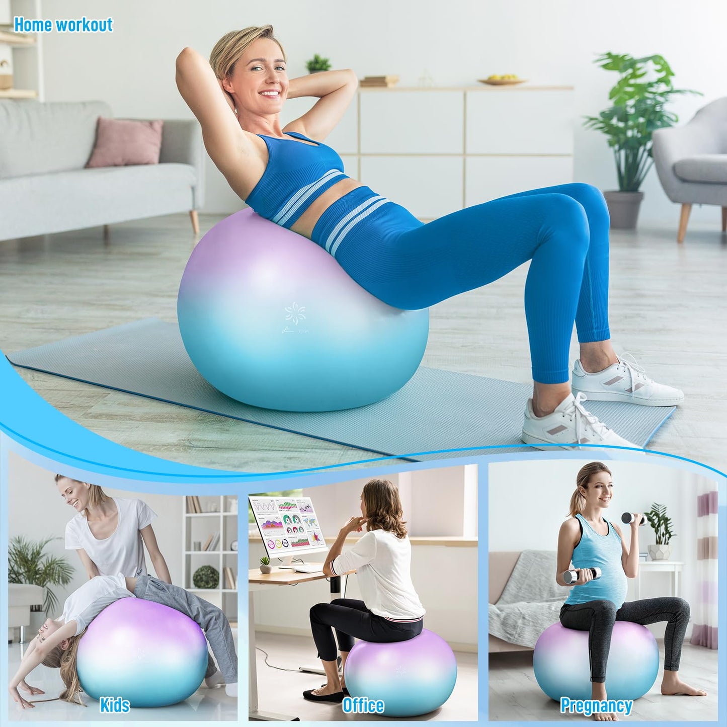 Sportneer Extra Thick Exercise Ball - 25.6''Yoga Ball with Quick Pump - Anti-Burst and Slip Resistant Fitness Ball Chair for Pregnancy and Physical Therapy (Purple Blue)