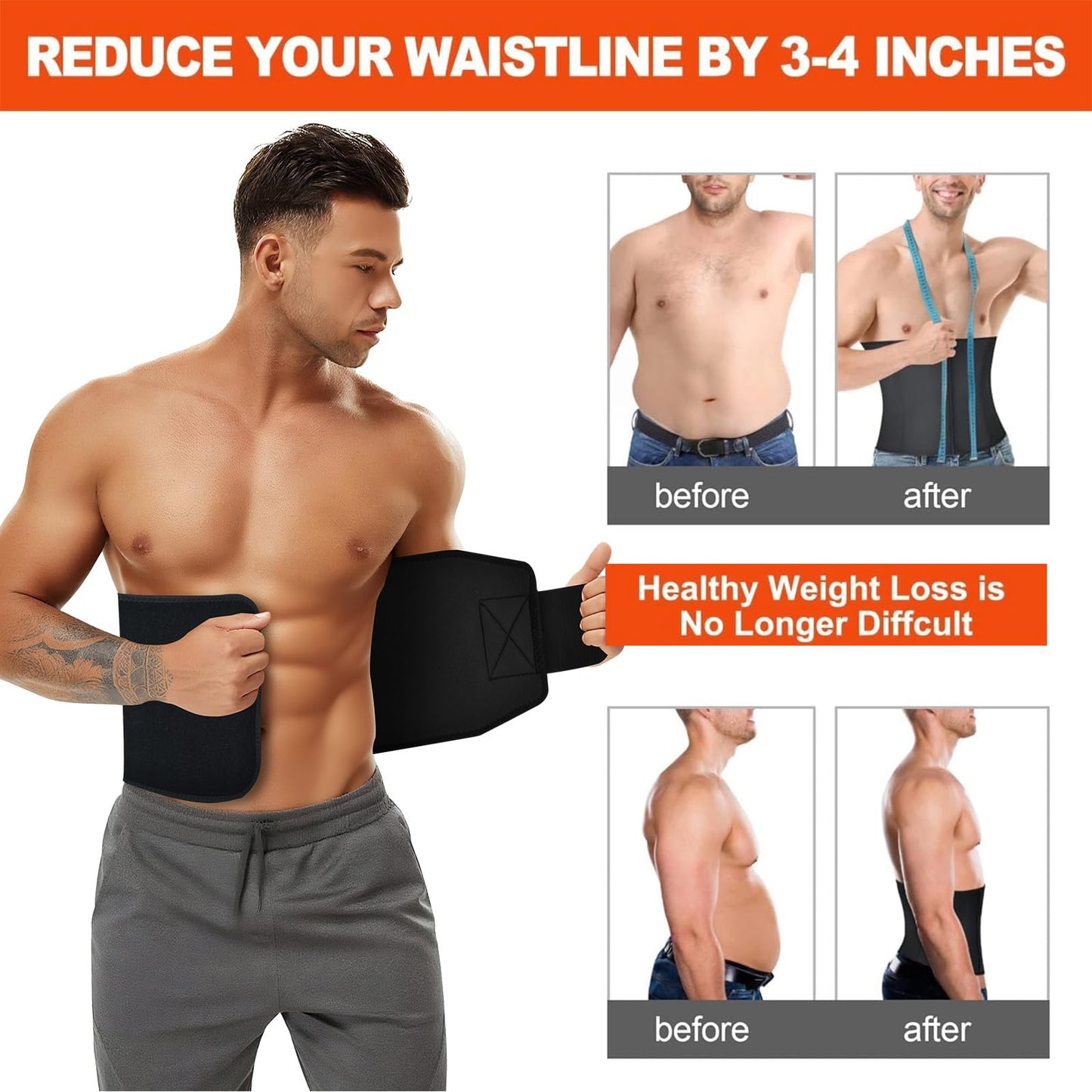 AMZBOSS Waist Trainer for Women & Men, Waist Sweat Band, Belly Band Sweat Belt, Stomach Wrap, Body Shaper Belt (Black, Medium)
