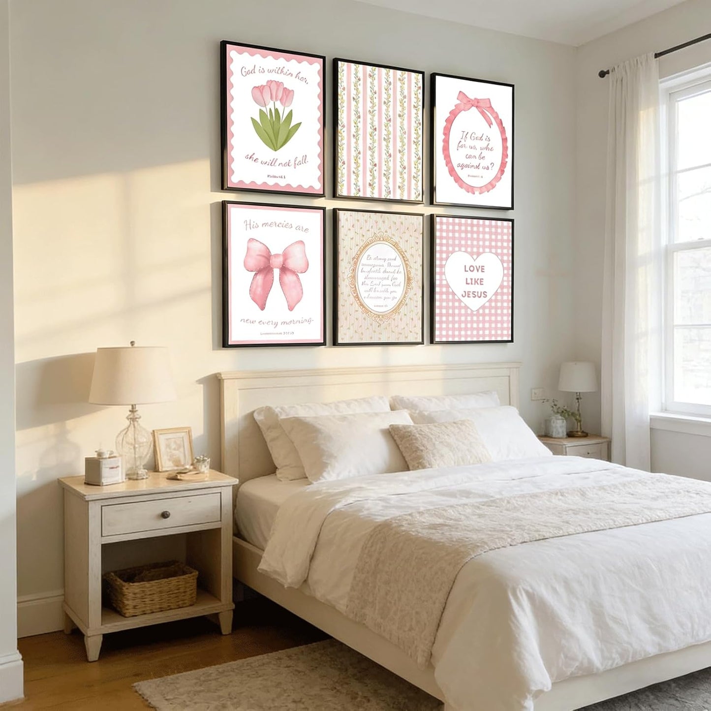 Skiennix 6Pcs Pink Bible Verses Wall Art - Trendy Floral Scripture Prints for Girls' Room | 8x10in Unframed