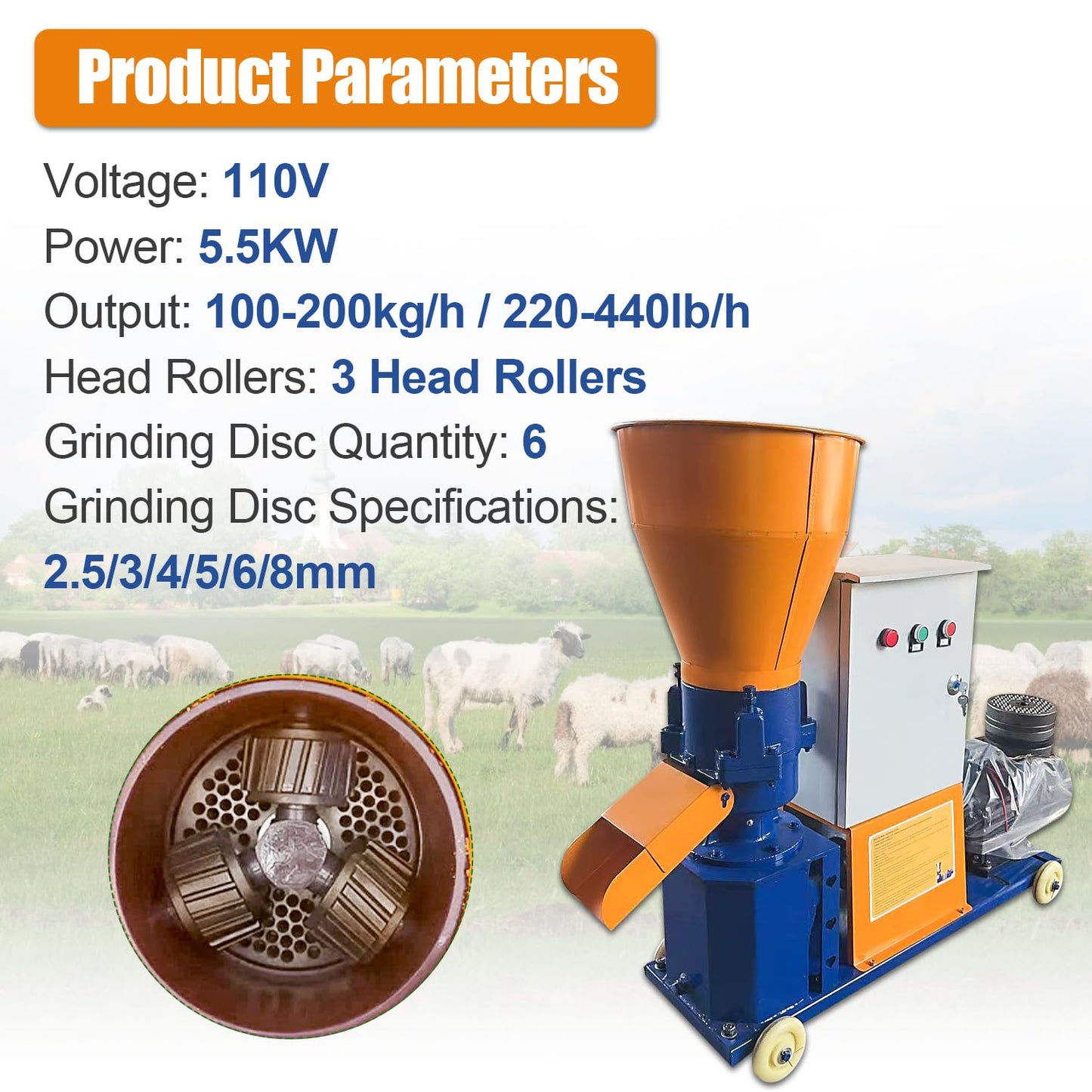 gaveming Upgraded 110V 60HZ Animal Pellet Feed Mill Machine w/Separate Control Box, Pellet Maker Machine with 6 Grinding Discs 2.5/3/4/5/6/8mm 5.5KW Copper Motor 220-440lb/h w/3 Head Rollers