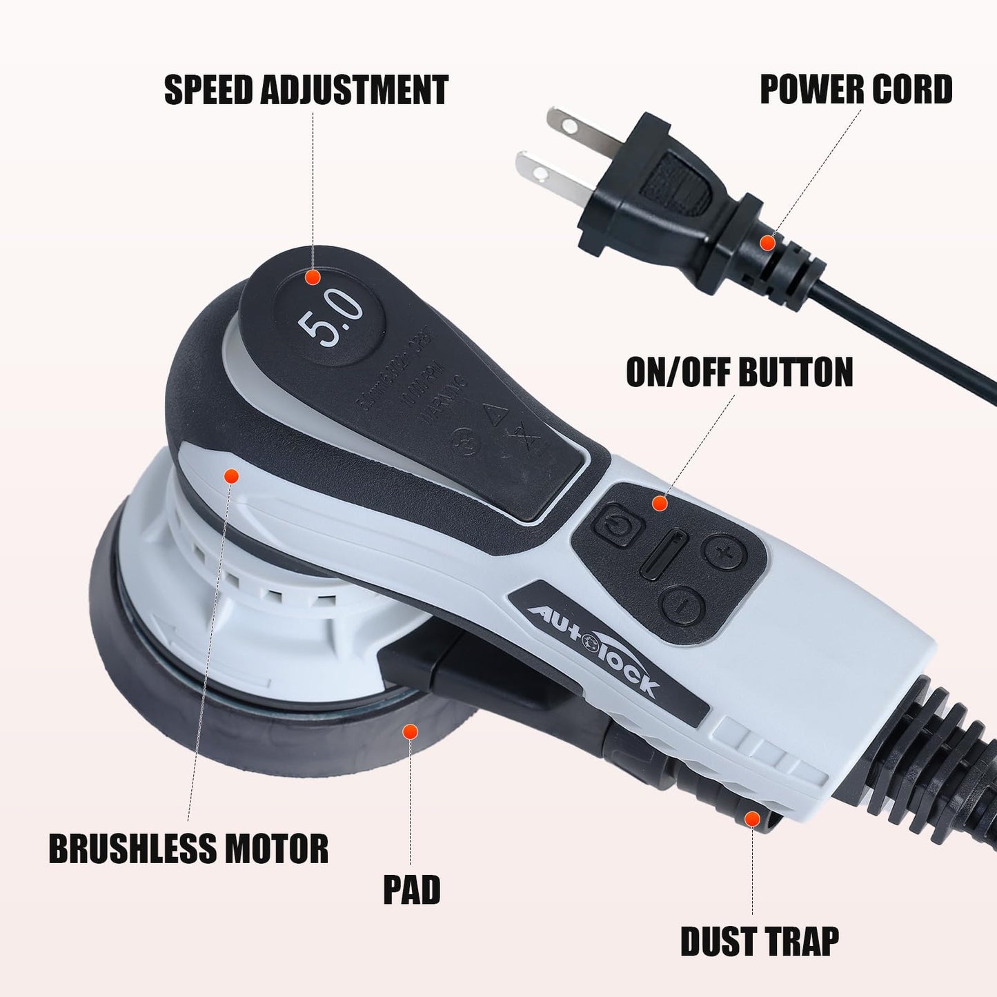 Autolock Electric Random Orbital Sander, 350W Brushless Motor with 5 & 6 Inch Pads, 10000RPM Palm Sander for Woodworking, Sanding and Polishing (1pcs)
