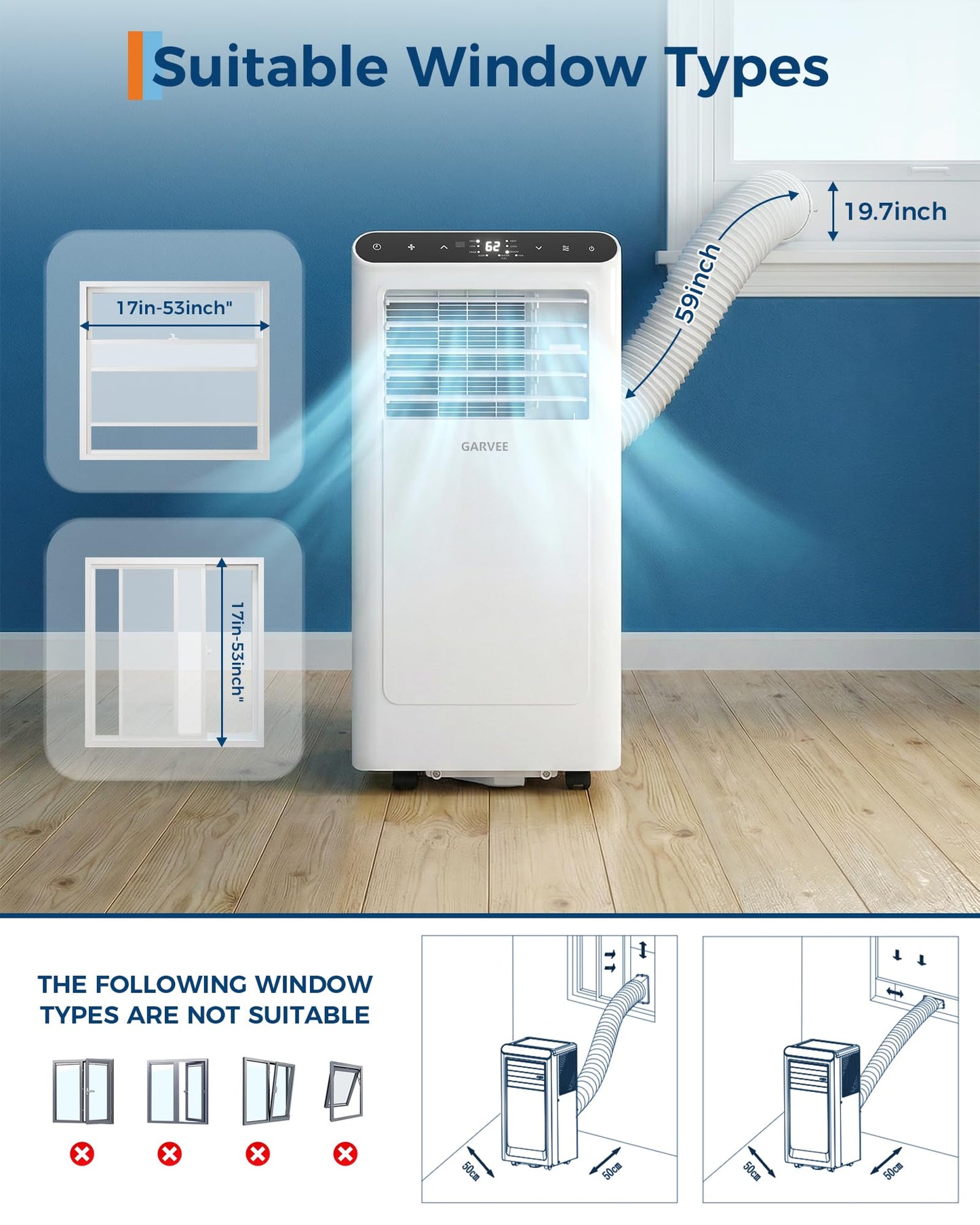 Garvee 8000 BTUs Portable Air Conditioner,Up to 350 Sq.Ft. Remote Control 48dB Portable AC Unit, Dehumidifier, Fan, Sleep, 24H Timer&Installation Kit, DOE Certified, Ceer 6.2,Grey+Black Panel
