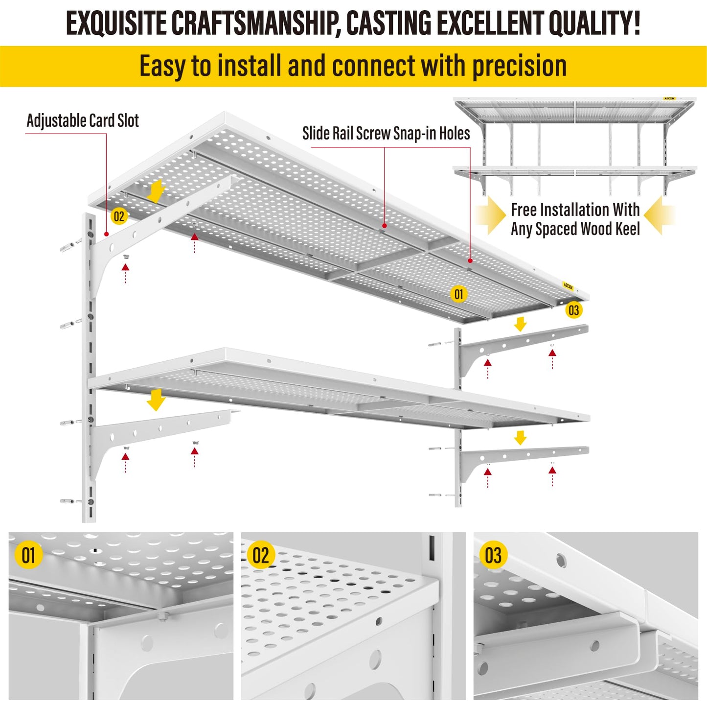 Aecxm 1pack×2 Tier 1.3x4ft Garage Shelving Wall Mounted, 260lbs Load Capacity，15.6x48inch per Shelf Height Cassette Adjustable Floating Shelves(White)