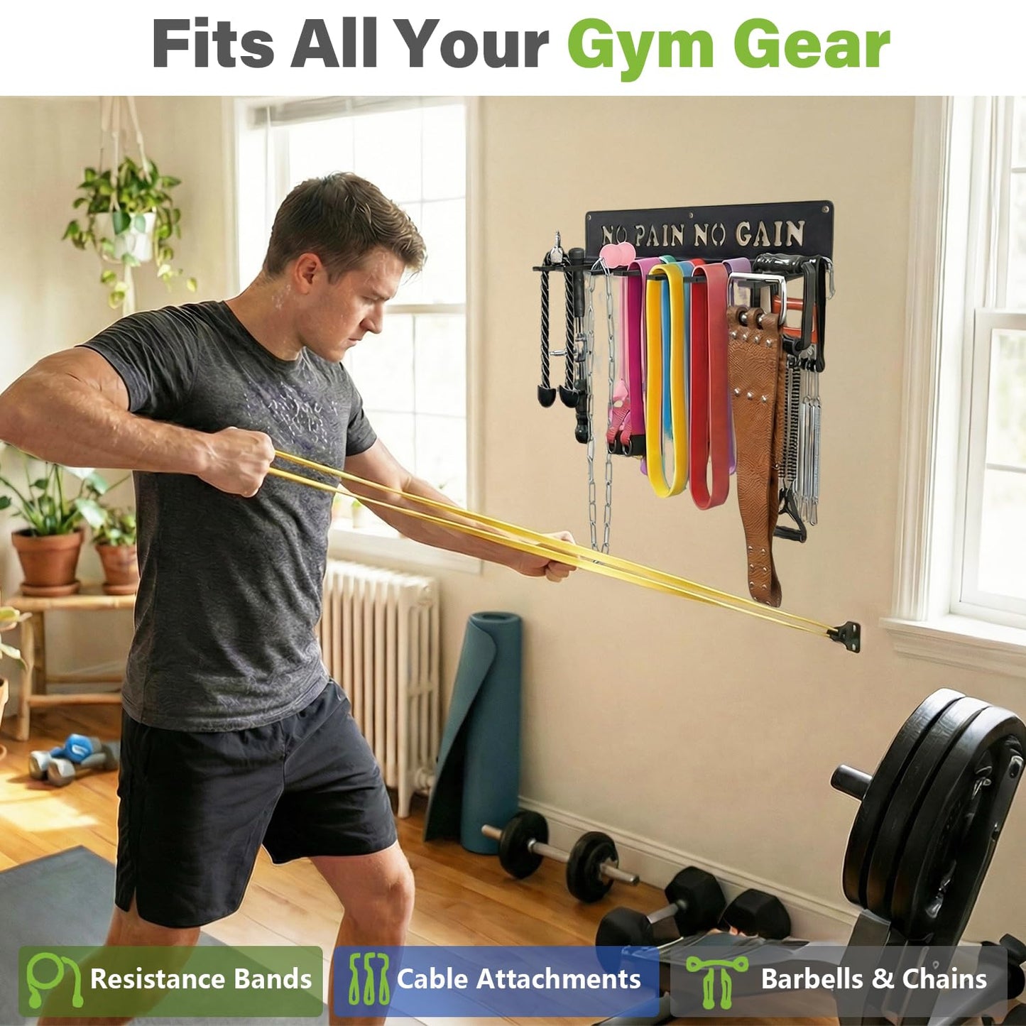 WIPHANY Home Gym Accessories Organization Storage Rack Equipment For Home 8 Hook Wall Hanger Display Gear Barbells Resistance Bands Jump Ropes Lifting Belt Hanger Accessories Hardware Included
