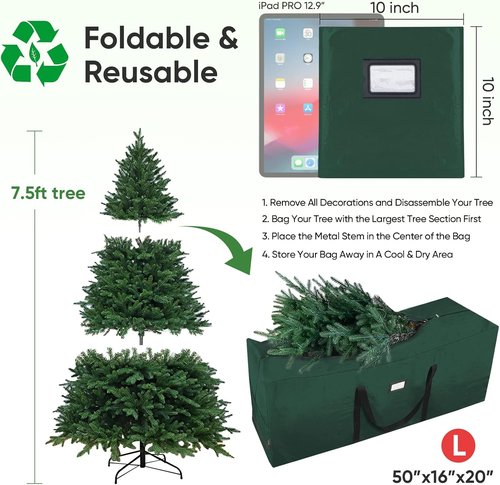 BALEINE Extra Large Christmas Tree Storage Bag - 7.5 ft with Reinforced Handles & Dual Zippers (Green, Pack of 2)