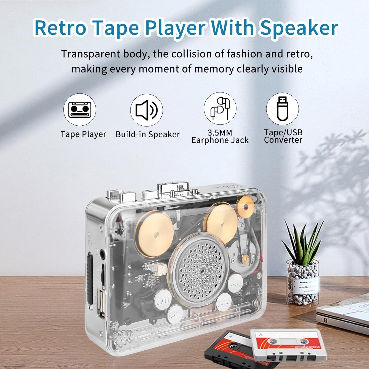 Cassette MP3 Portable Clear Stereo Auto Reverse PlayerConvert Tapes to Format via USB ConverterBuilt-in Cool Copper