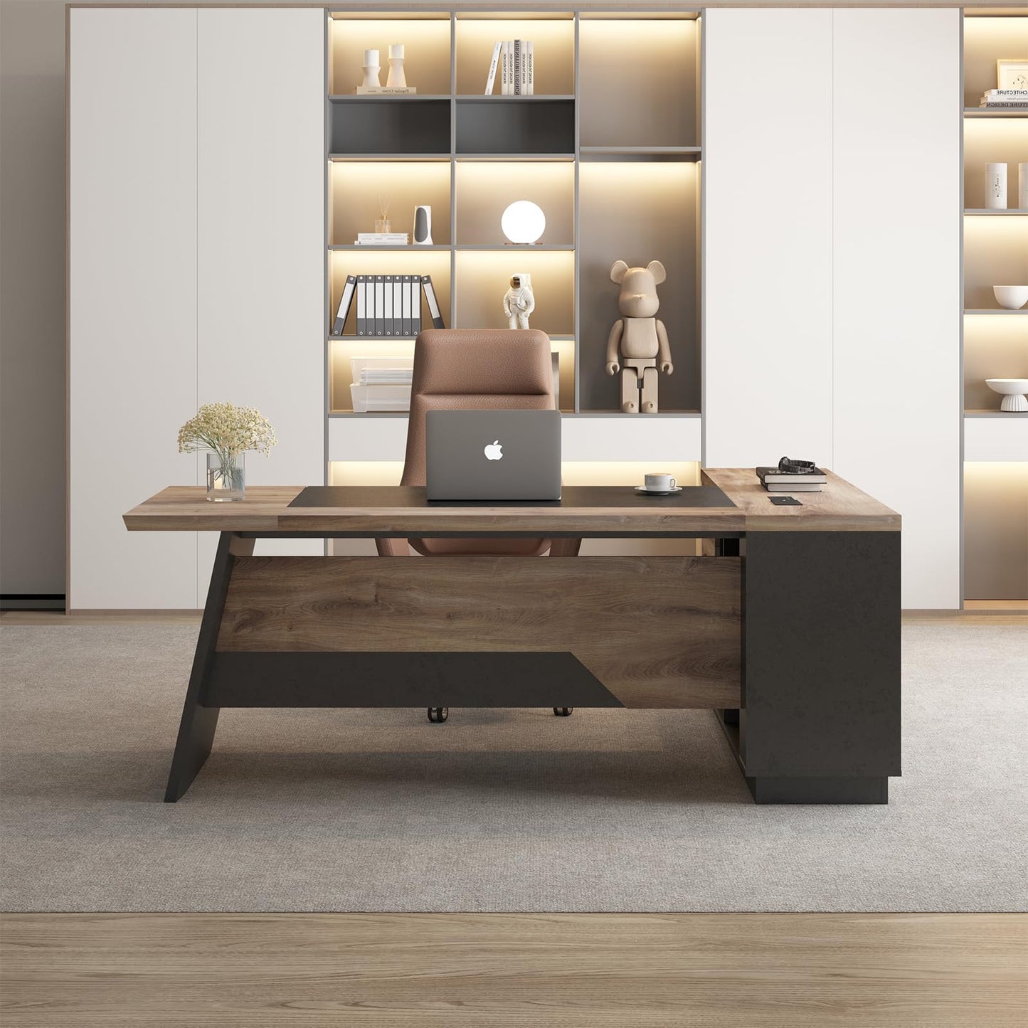 SAINTCY L-Shaped Executive Desk, 78.74 Inches Large Office Desk, Modern Computer Table Set with Drawers & Storage Shelves, Business Workstation for Home Office, Left Return
