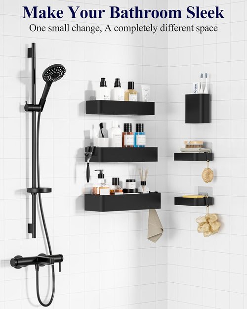 Kitsure Shower Caddy Adhesive - Stylish No-Drill Bathroom Organizer with Soap Holder & Hooks | Large Black 6-Pack