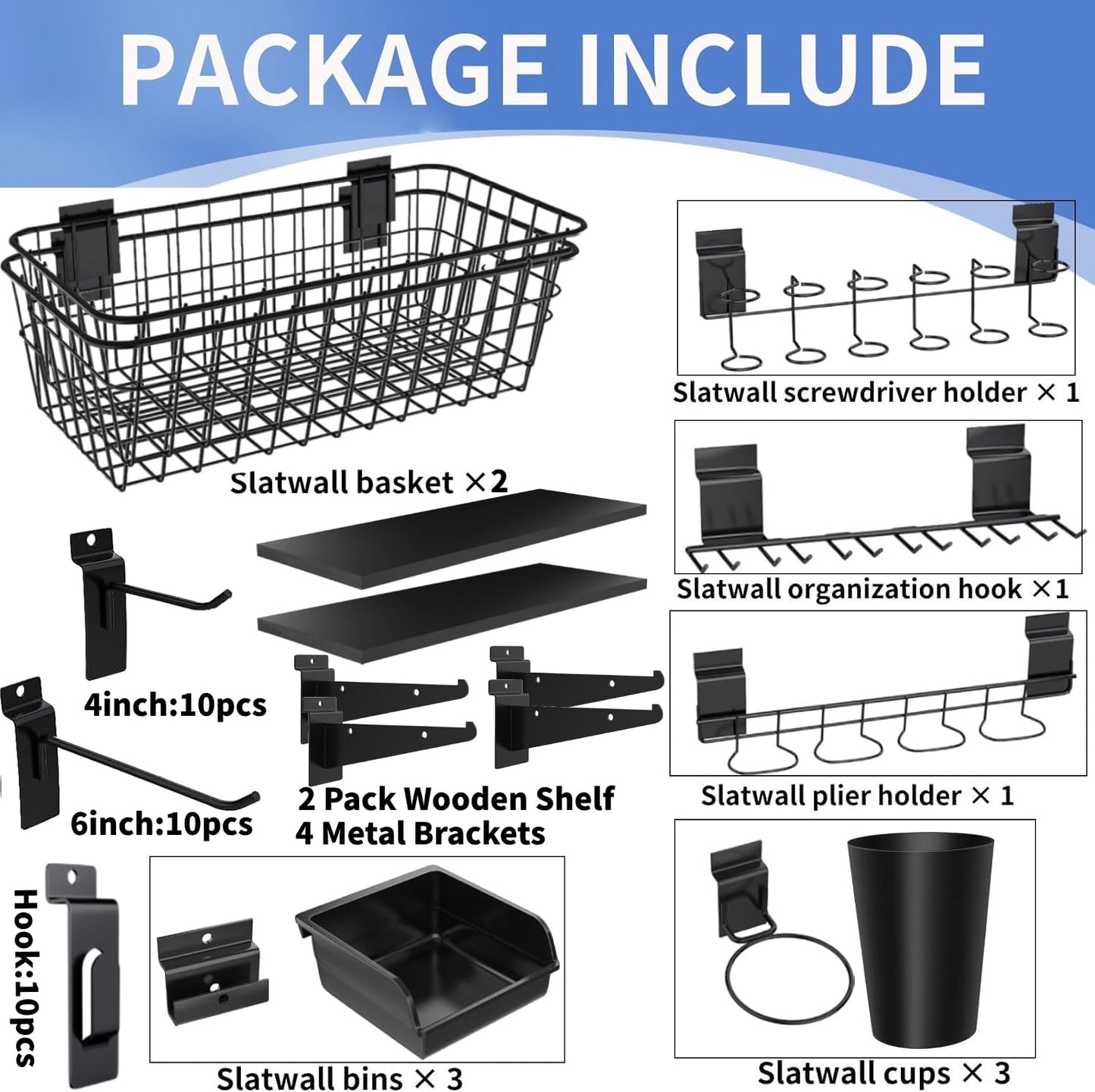 BeapTcely 43 Pc Slatwall Organizer Kit with Hooks, Shelves, Baskets, Bins, Cups, Screwdriver Holder for Tool Organization (Black)