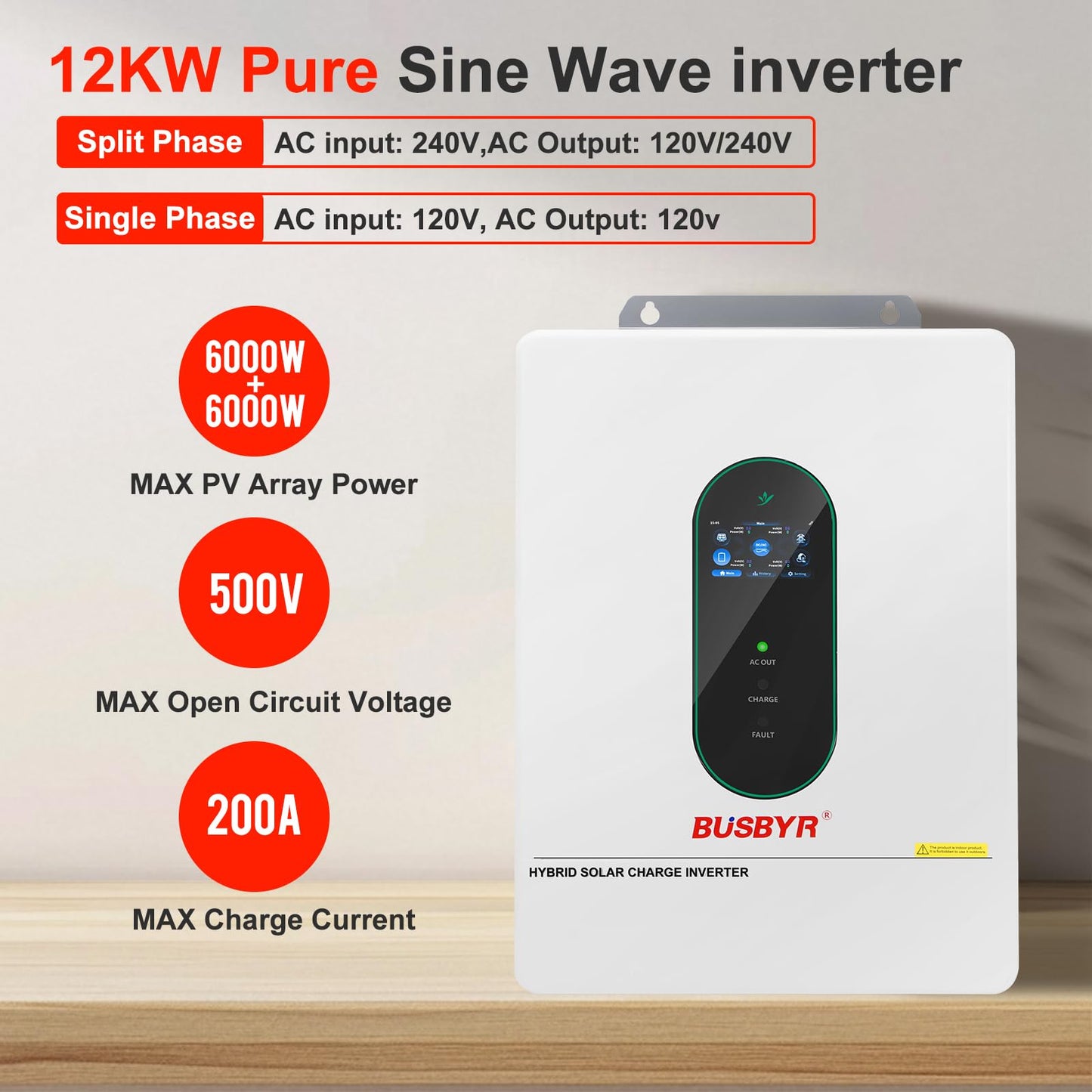 12KW Split Phase Hybrid Inverter 48V, 120/240V Pure Sine Wave Solar Inverter with 200A MPPT Charge Controller, Grid-Tie & Off-Grid for Whole Home Backup