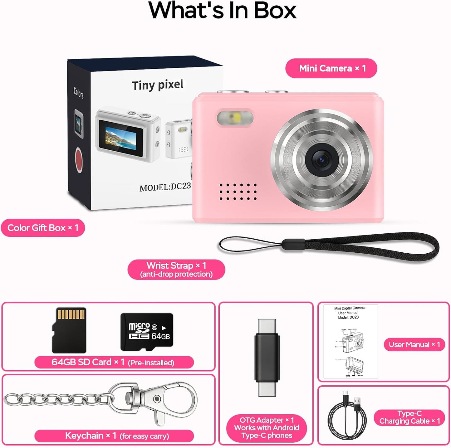 Dienspeak 1080P 64GB 0.96" Mini Camera HD Video Recorder Keychain Digital Camcorder with Card, HD Display, Long Battery
