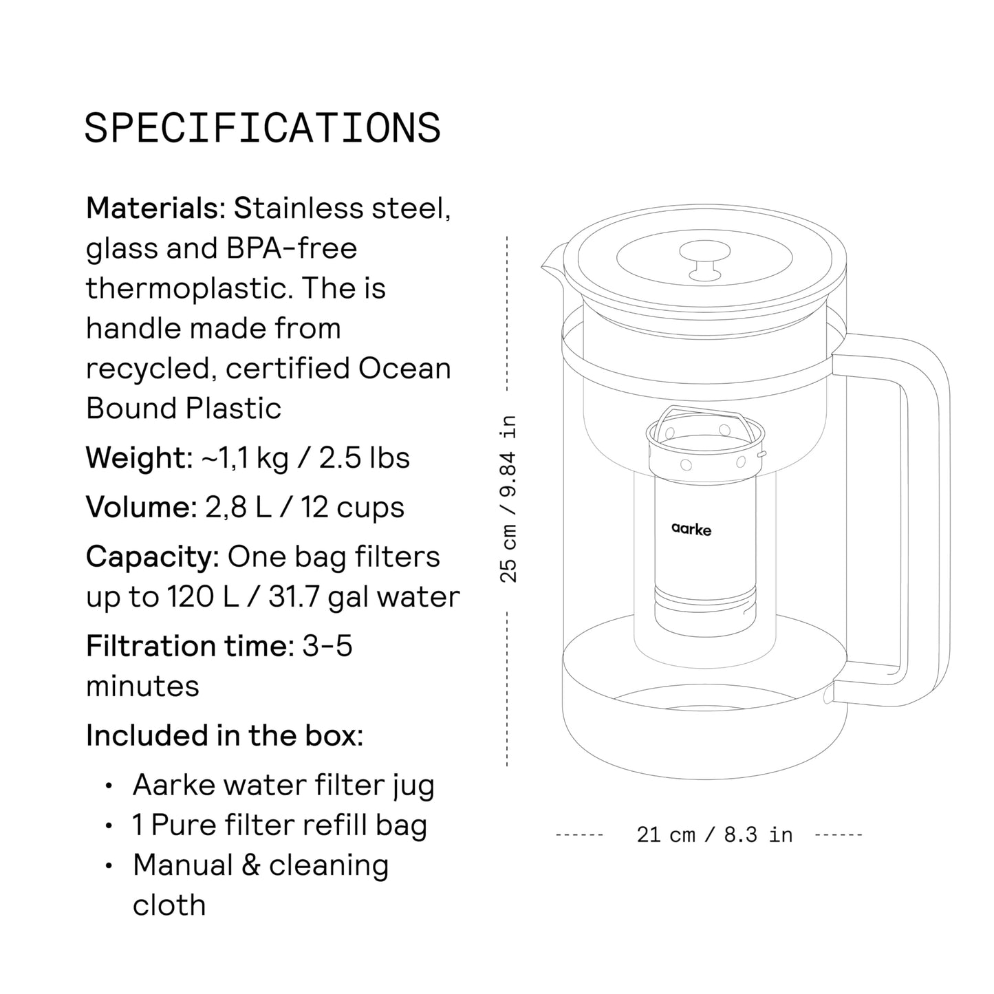 Aarke Purifier - Premium Glass and Stainless Steel Water Filter Pitcher, Refillable Filter System and Granules, 2.8L Pitcher with 1.66L Filtration Capacity